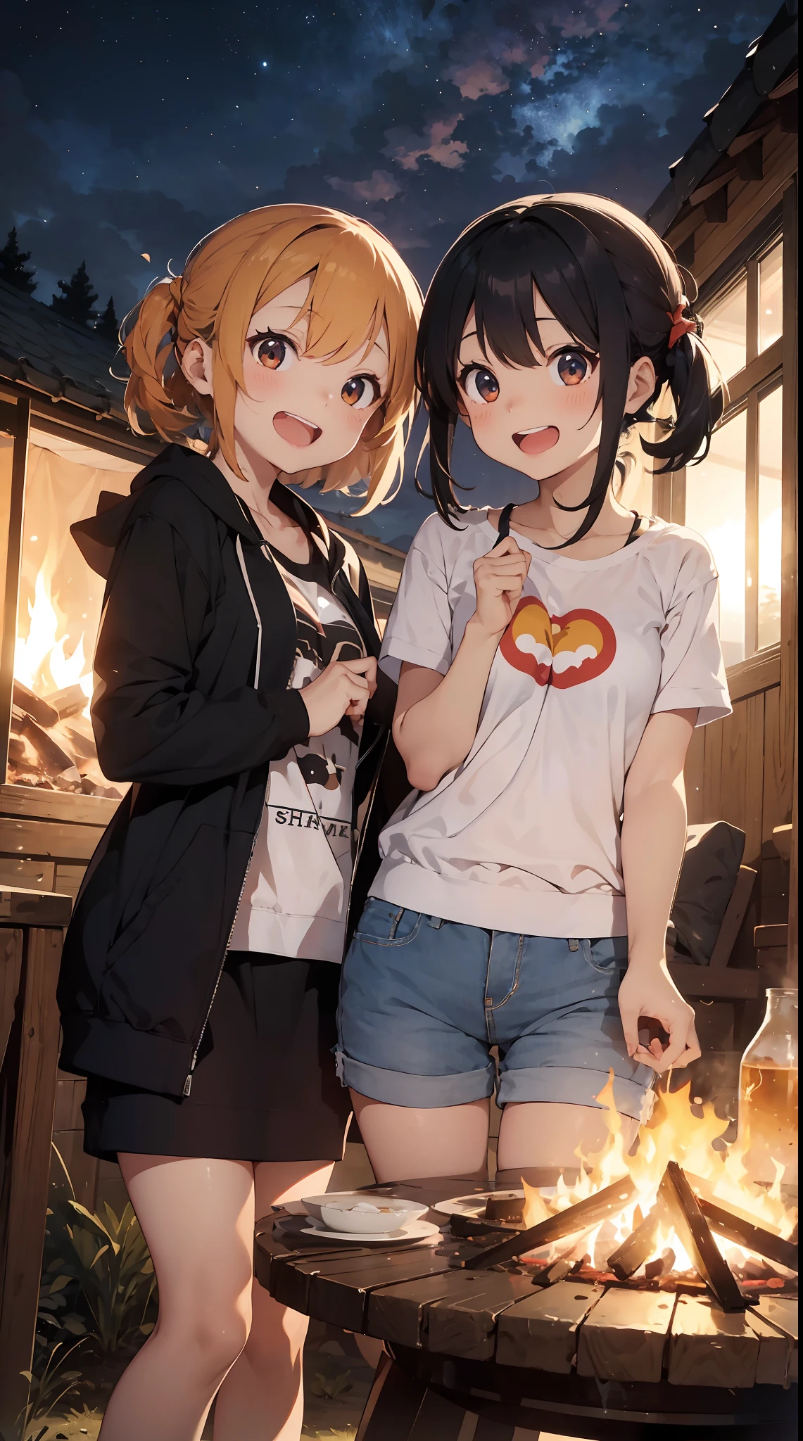 Illustration of girls singing and laughing in front of a campfire。They all wear different clothes and hairstyles.、Individuality is felt。One of them was singing while playing the guitar.、The other is singing while grilling marshmallows。They were both smiling happily.、They seem to get along well。The flames of the bonfire sparkle orange.、Warmth and glamour are felt。There are tents and a starry sky in the background.、Only the two of them glow in the darkness。The colors are unified with warm colors.、A warm and pleasant atmosphere is emphasized。（cuteness：1.3）（Dynamism：1.5）（hightquality：1.2）（aquarelle：1.0）