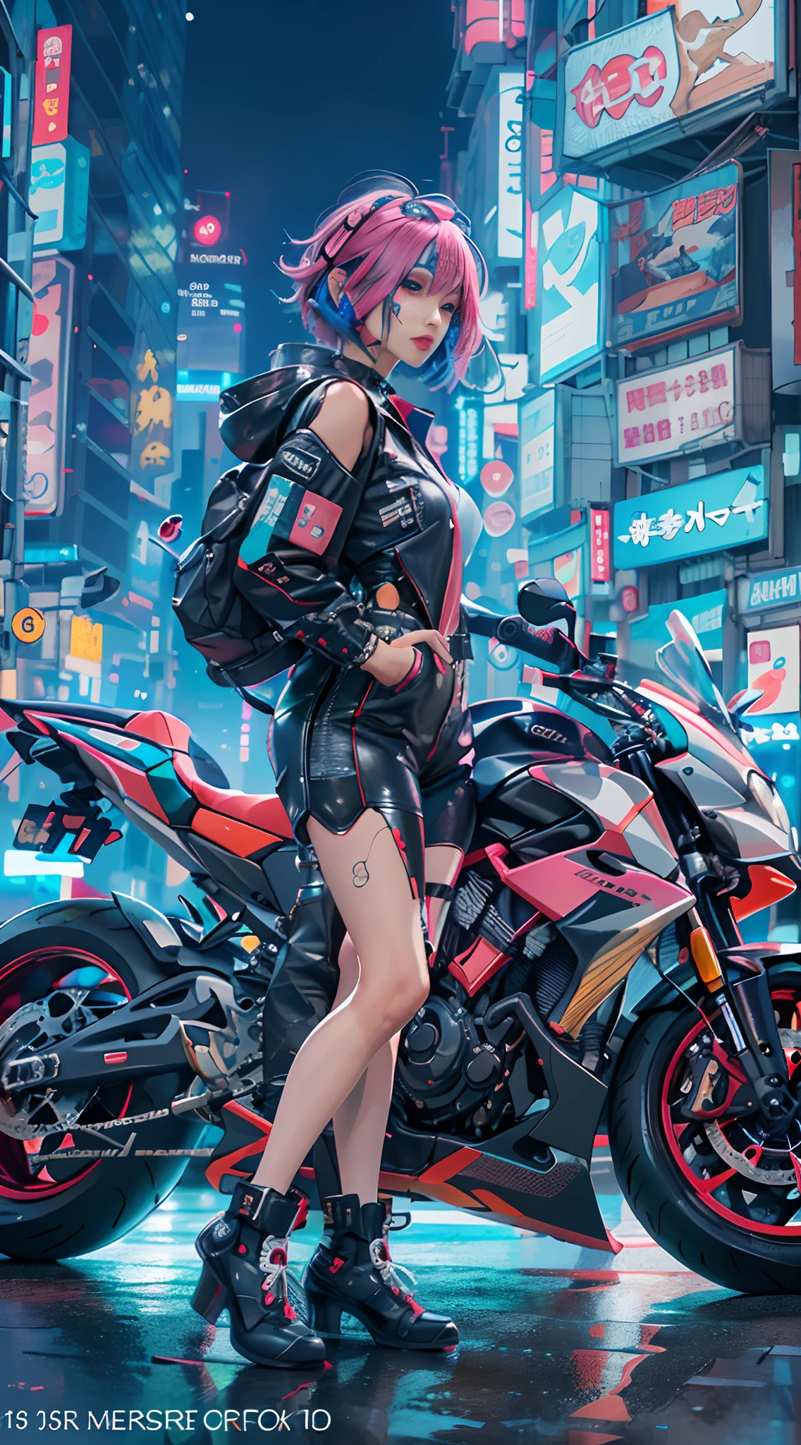 masutepiece, Best Quality, Confident cyberpunk girl, Full body shot, ((Stand in front of the motorcycle)), Pop costumes inspired by Harajuku, Bold colors and patterns, Eye-catching accessories, Trendy and innovative hairstyles, Bright makeup, Cyberpunk dazzling cityscape, Skyscrapers, neon signs, led lights, Bright and vivid color scheme, Anime, Illustration, Detailed skin texture, Detailed Cloth Texture, beautifull detailed face, Intricate details, ultra-detailliert.