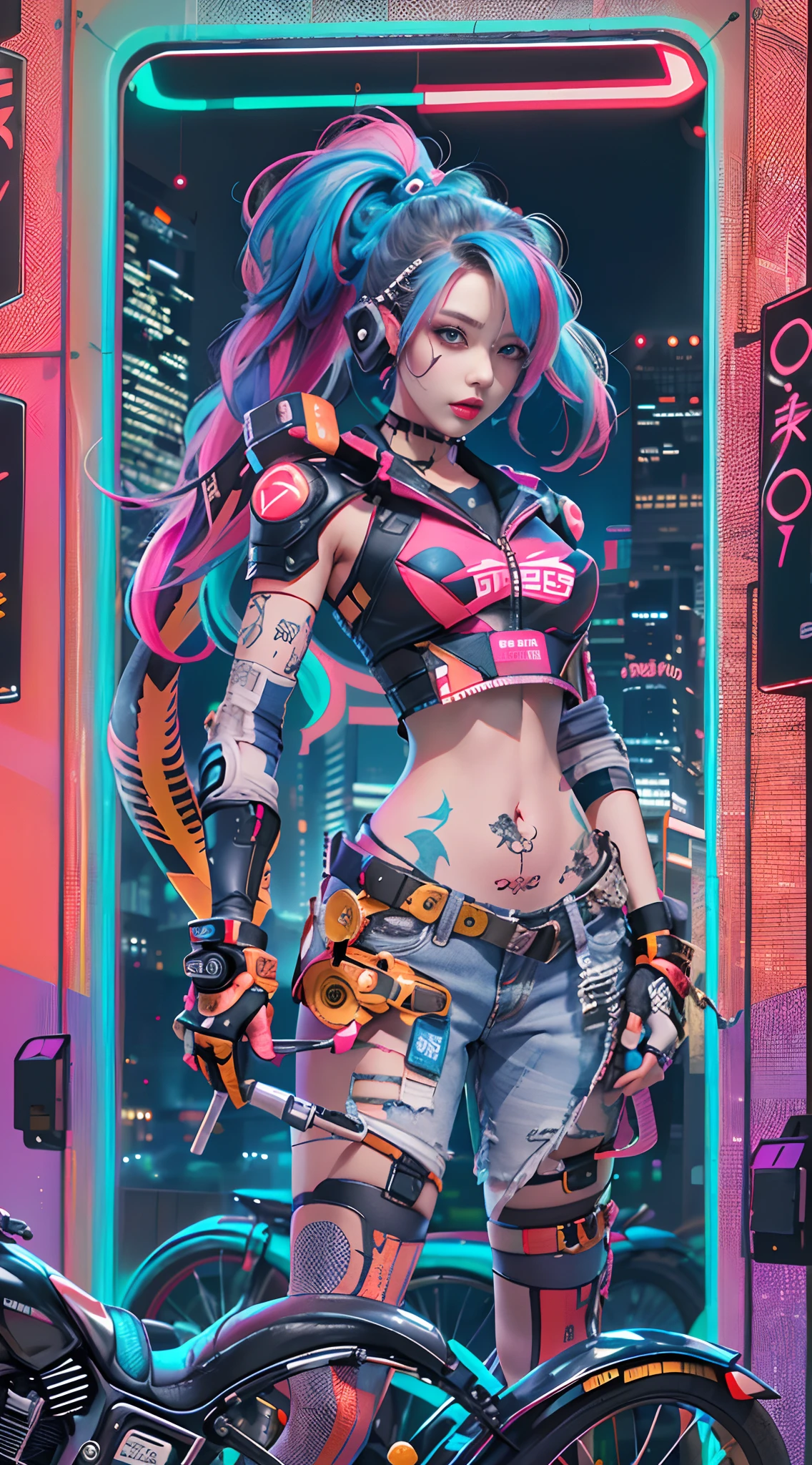 masutepiece, Best Quality, Confident cyberpunk girl, Full body shot, ((Stand in front of the motorcycle)), Pop costumes inspired by Harajuku, Bold colors and patterns, Eye-catching accessories, Trendy and innovative hairstyles, Bright makeup, Cyberpunk dazzling cityscape, Skyscrapers, neon signs, led lights, Bright and vivid color scheme, Anime, Illustration, Detailed skin texture, Detailed Cloth Texture, beautifull detailed face, Intricate details, ultra-detailliert.