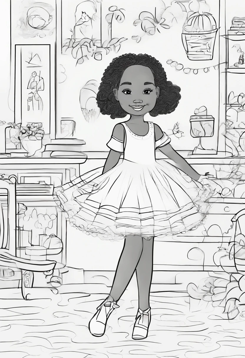 girl with multiple poses and expressions, white background simple children's book illustration style, cute, 4 years old, bright colors, curly black hair, dark skin with a white ballerina dress coloring page