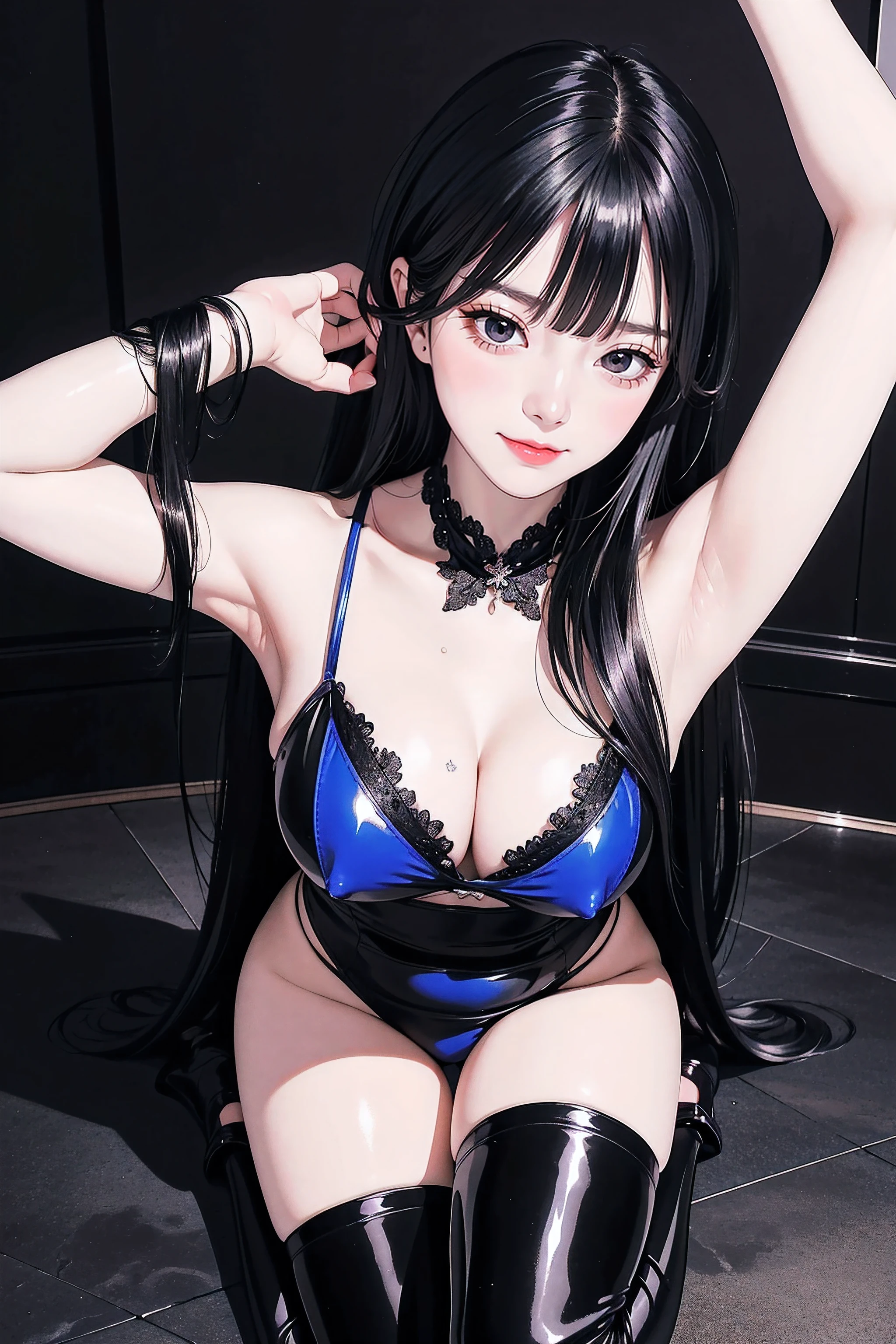 ulzzang -6500-v1.1,(Raw foto:1.2),((Photorealsitic:1.4)),top-quality,​masterpiece, illustratio,{(Extremely delicate and beautiful:2.0):2.0}, extremely details CG ,Unity,{(8K Wallpaper:2.0)}, astonishing、finely detail, Official art,the Extremely Detailed CG Unity 8K Wallpapers,absurderes, incredibly absurdness, huge filesize, ultra-detailliert, hight resolution, a beautiful detailed girl, extremely detailed eye and face, beatiful detailed eyes,Facial light,(((😃))),{(thighs thighs thighs thighs)}, {(Full body))} (((Straight bangs:))),(((Very long black hair, Ridiculously long black hair:1.1))),Long black hair like a stream of water, Lustrous black hair all over the back, Black hair shiny like silk thread, Long black hair shining like jewels, black hair with wet feathers, nipples++, pov+, full body, 

shibuya rin, green eyes, brown hair, long hair, 

armpit focus, arm behind head, straddling, squatting, wide spread legs, 

on the stage, (on the table)+, spotlight, neon lights, solo, 

(blue pvc school swimsuit)+, red collar, (black pvc elbow gloves)+, black pvc thigh boots, 

embarrassed, blush, crying, 

shiny hair, sweat, ,, ,a beauty girl, blush, Seductive smile,Insane details and very detailed, Huge lower eyelid. masutepiece, of the highest quality, Ultra high definition, max resolution, Very detailed, Clean skin,