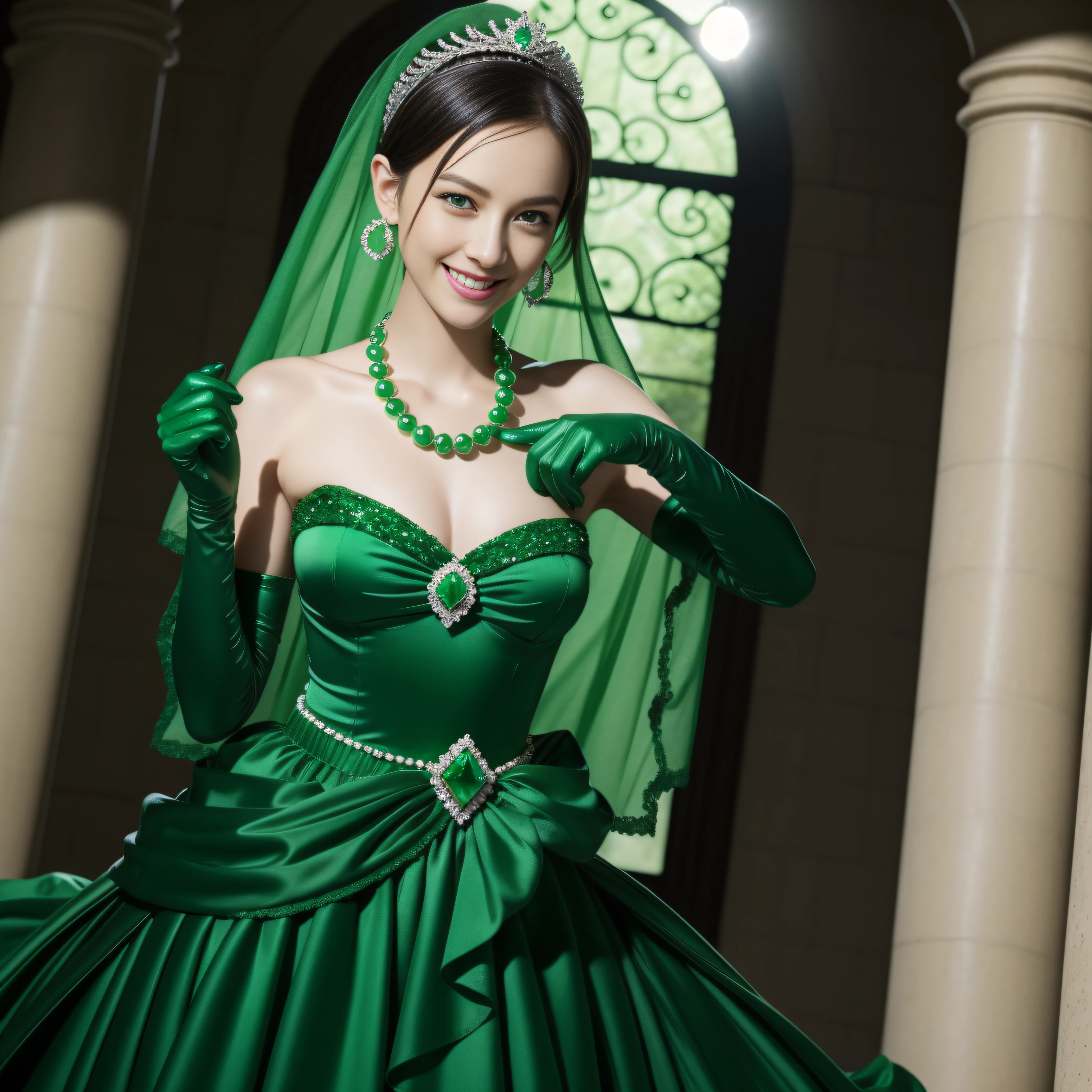 emerald tiara, Green Pearl Necklace, Boyish very short green hair, lipsticks, Japan woman smiling, very short short hair, big breasts beautiful, Green eyes, Long green gloves made of satin material, Green eyes, Emerald Earrings