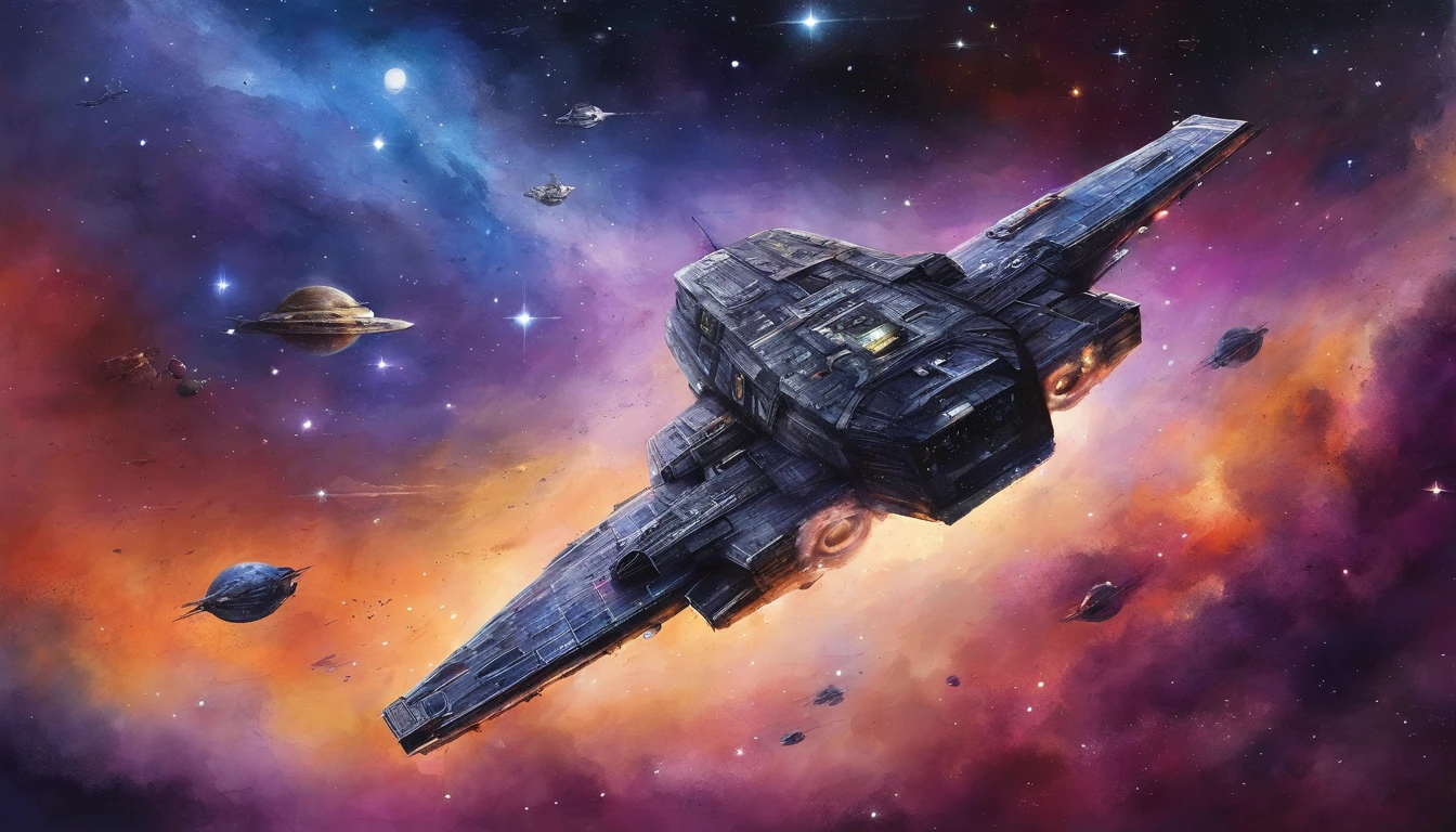 stars, space, nebula, open space, galaxy, blue and purple tones, space opera, greatness, eternity, calm, hyperrealism, spaceships. space battle, explosions, fighter, bombers, lasers, battleships, fire, space fleet, epic battle