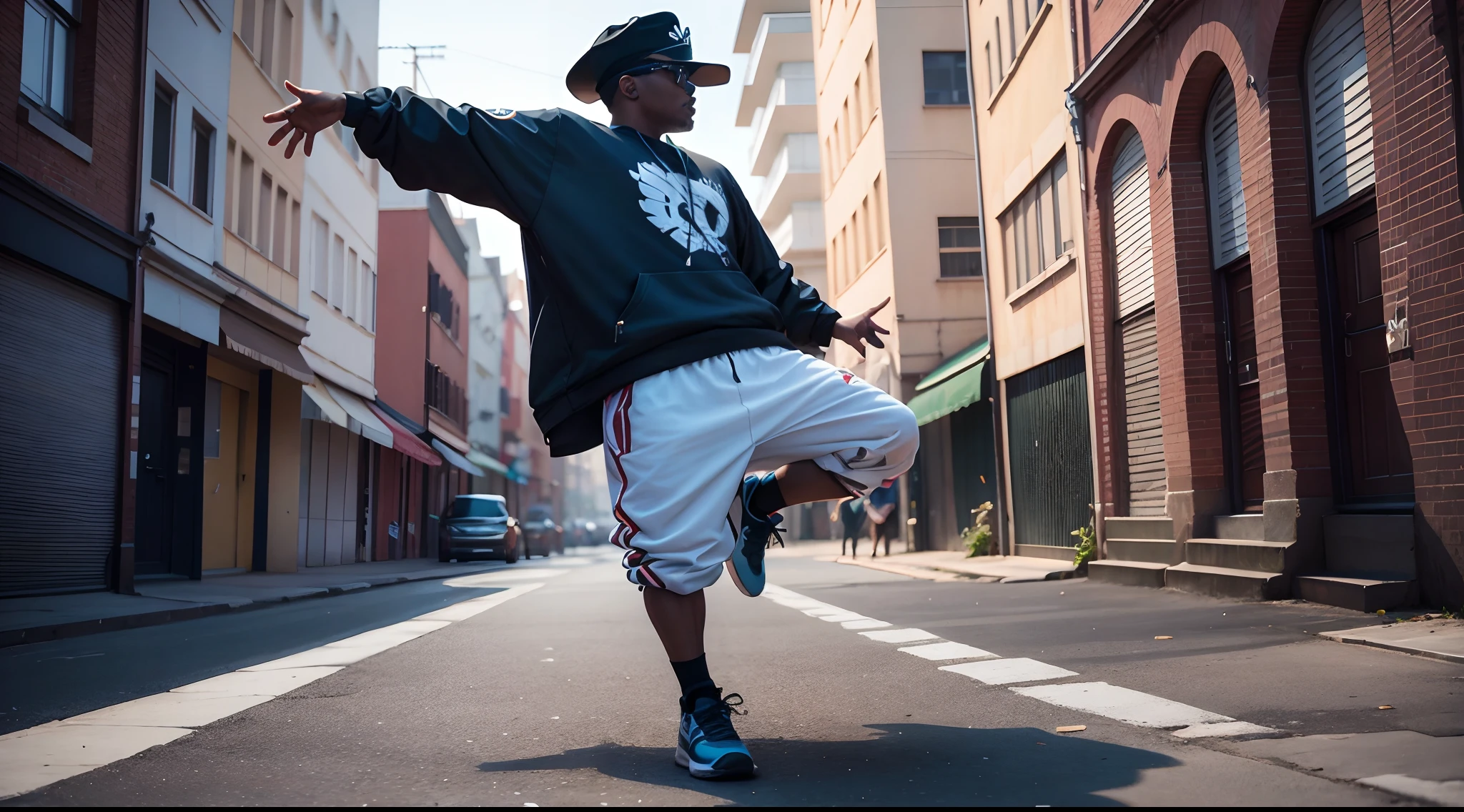 Dancing man full body image of back, usando uma roupa de street dance, com capuz, Minimalista, RTX, UHD, cell-shading, 32k, ray tracing, bem definido, comic, Pintura digital, Cartoon, fotorrealista, desenho, Motor irreal, octan render, Shaders, 4D
