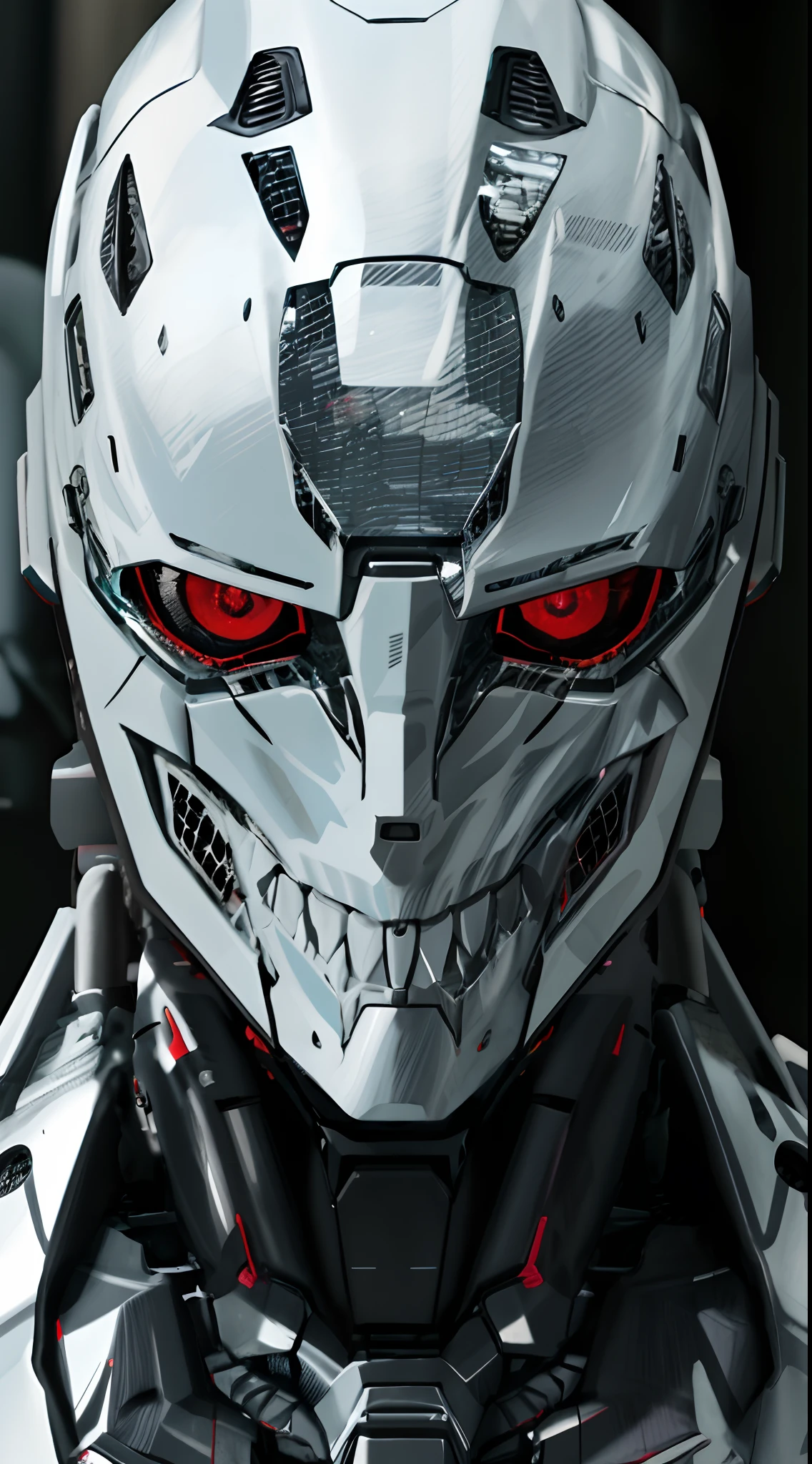 A closeup of a robot with red eyes and a white helmet, Retrato em close-up de Ciborgue, face of an armored villian, movie still of a villain cyborg, filme ainda de um ciborgue legal, retrato ciborgue, Retrato detalhado de um ciborgue, portrait of a futuristic robot, olhos ciborgues, Retrato de Ciborgue, Atraente Sci - Fi-Face, Face detalhada de um androide