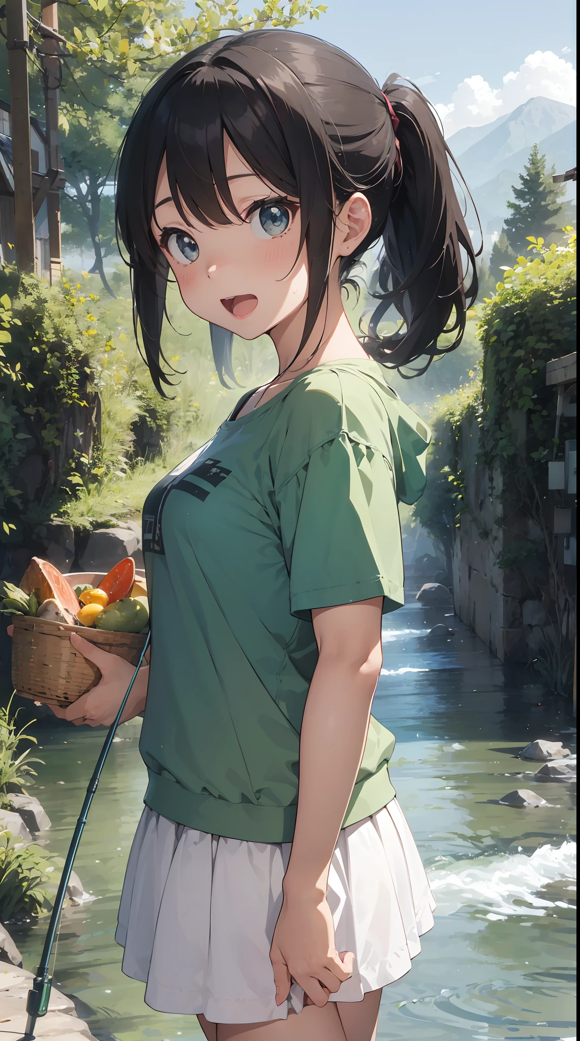 Illustration of a girl fishing in the river。She wears a light blue shirt and a white skirt.、Her hair is in a golden ponytail。She has a fishing rod、Surprised to catch a big fish。Her expression is expressed in surprise and joy.、Eyes wide open。In the foreground are vegetables and meat in baskets.、You can feel the rich ingredients。There are forests and mountains in the background、Overflowing with green。The color is unified in green.、Nature and adventure atmosphere are emphasized。(cuteness:1.2)(impactful:1.5)
