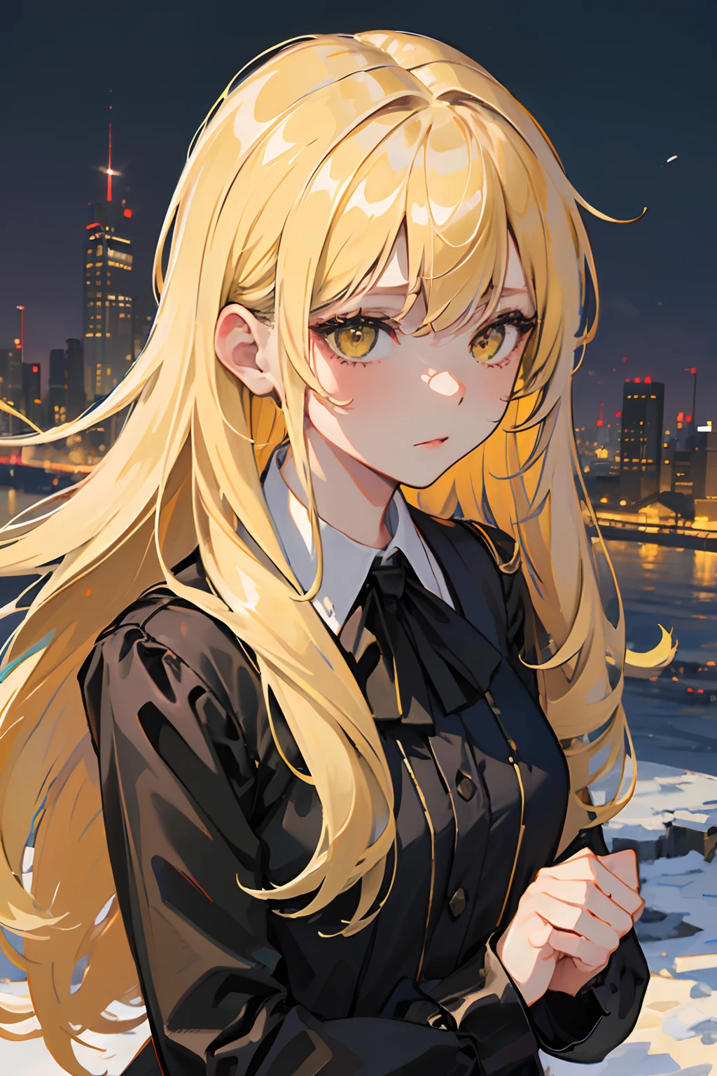 ((masterpiece, best quality)), (1girl), (solo), (female focus), (blonde hair, long hair, messy hair),yellow eyes,((black suit)), yandere, portraits, close up, upper body, snowy city background