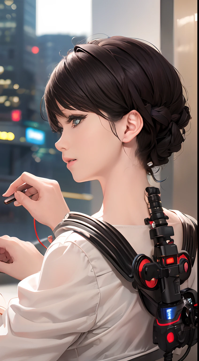 1 mechanical girl, solo person, full bodyesbian，Machine-made joints，Top quality, Masterpiece, 超高分辨率, (Photorealistic: 1.4), RAW photo,  Black hair, Glossy glossy skin, (hyper realistic detailed)), Global illumination, Shadows, Octane rendering, 8K, ultrasharp,  metal, Intricate Ornament Details, headset on head, Hydraulic cylinder, very complex details, Realistic light, CGSoation trend, Purple eyes, Glowing eyes, Facing the camera, neon light detail, Mechanical limbs, Blood vessels connected to the tube, Mechanical vertebrae attached to the back, mechanical cervical attachment to the neck, Sitting, wires and cables connecting to head, Evangelion, Cyberpunk, small led lights, The background is a futuristic skyscraper, Flying cars flying around, Mechanical airship science fiction，Metallic，sharp，Reflective，4K Ultra HD, 超高分辨率, (Photorealistic: 1.4), Best quality，Masterpiece，Utra dilution，（pastel colour：1.2）