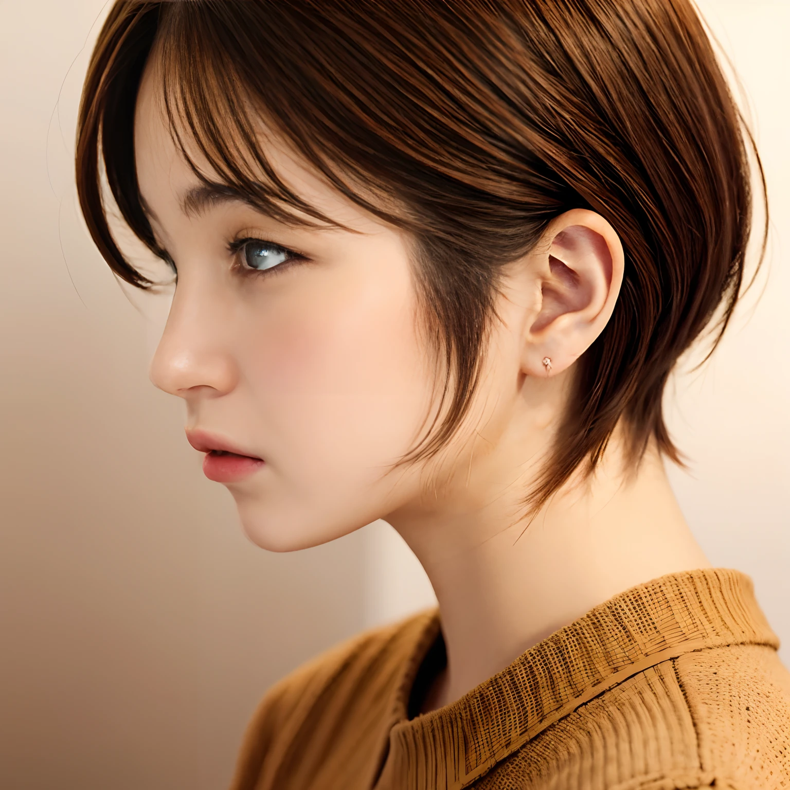 profile,Woman staring into the distance,Brown-haired short bob
