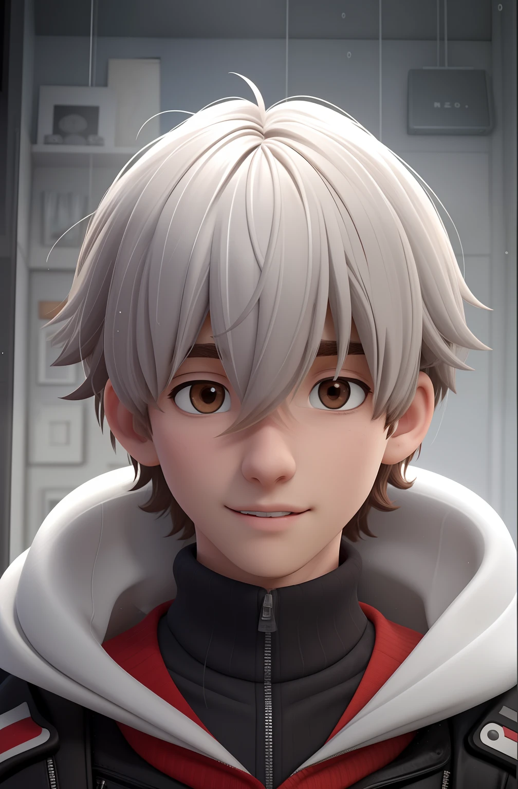 A young man of 17 years old, with brown disheveled hair, cute face, boxy face, and brown eyes, wearing white turtleneck. 3d cartoon