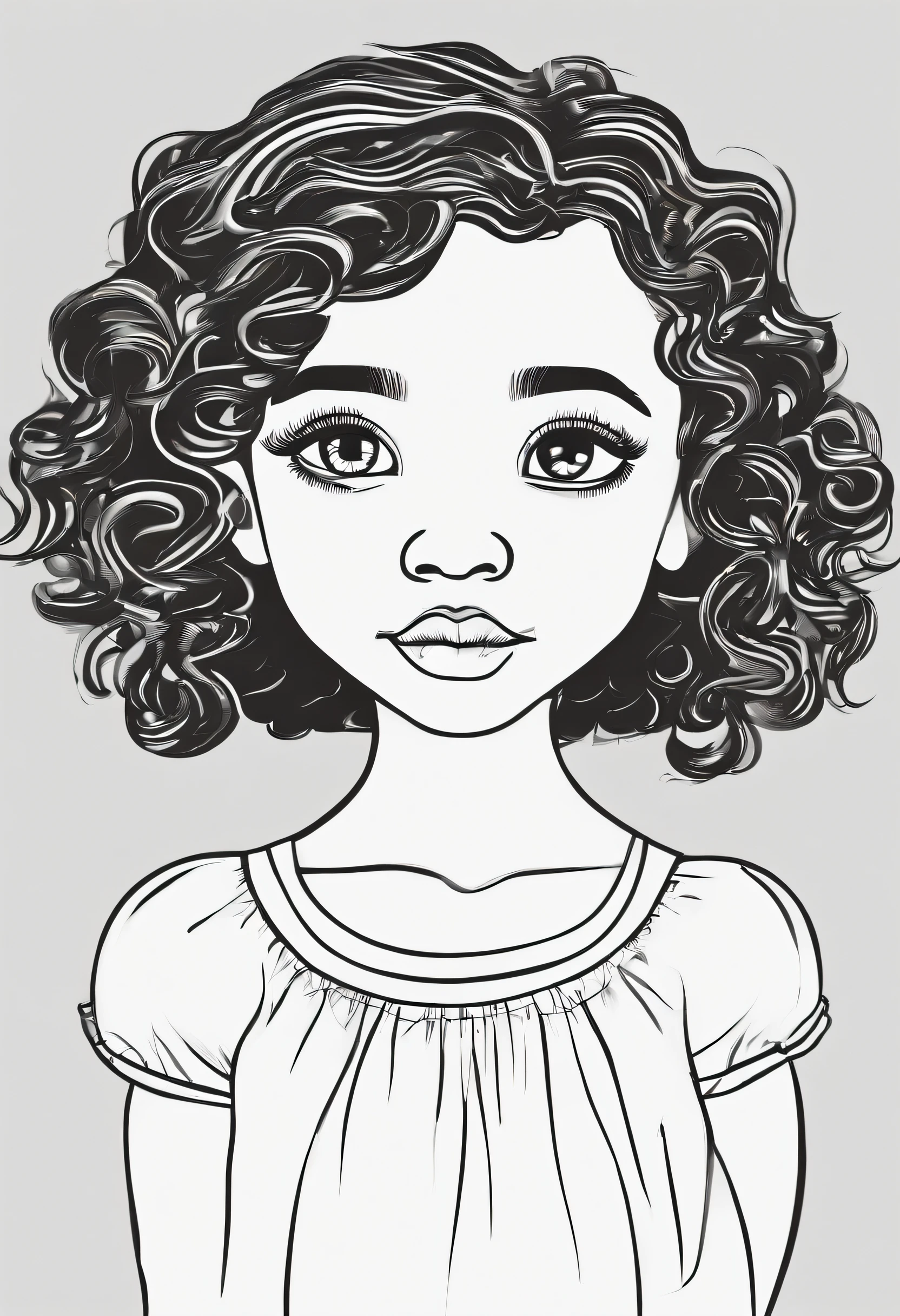 girl with multiple poses and expressions, white background simple children's book illustration style, cute, 4 years old, bright colors, curly black hair, dark skin with a white ballerina dress coloring page