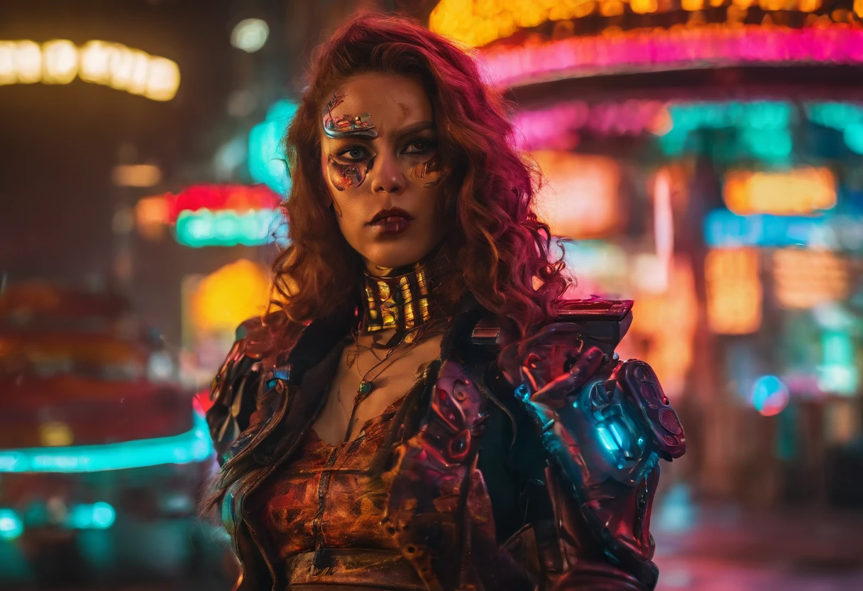 Full body female figure, make-up on face, deep brown eyes, in cyberpunk armor, on an illuminated Futuristic street, with long hair, tattoos on body, riding a motorcycle, F/5.8, 50mm, with many fine details. Commercial photography, dominant, hyper-realistic, hyper-maximalistic, ornate, luxurious, menacingly, CGSetnation, studio backlit poster, 32k, high-resolution photograph, Professional Color Grading, Photorealism, maximum quality, maximum details, cinemactic, Long exposure,masterpiece, ultra-HD, Cinematic lighting, incredibly detailed and intricate::N_ drawing,bad hand,blurry face,giant finger,mutant arm,(Bad dream, bad anatomy, (Unrealistic dream 1. 2))