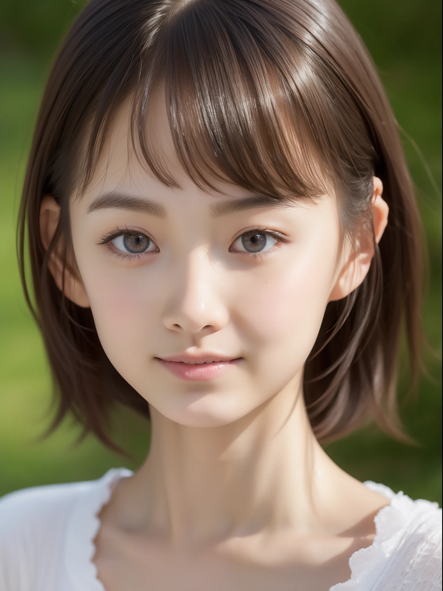 Neat and clean , petite person, (slim,  Flat, Small), A dark-haired, Photorealistic, detail, Detailed skin texture, Ultra Detail, Delicate collarbones, Smile, Super Detailed Face, Detailed lips, Detailed eyes, (A 12-year-old girl)、Delicate ebrohort k、Professional Photography、(watching at viewers)、f lare、(Unique Beautiful Girl)、30mm prime lens、softfocus、Narrow-eyed、pores、bodyhair、Half Russian and half Japan、undergarment