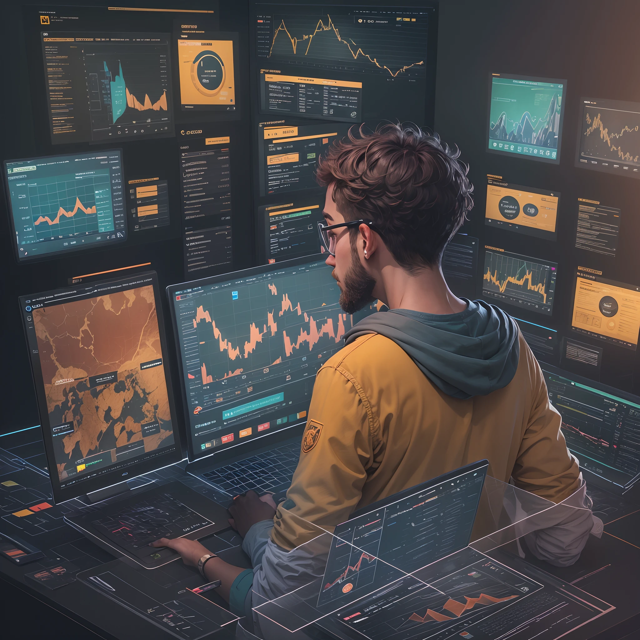 A young entrepreneur looking at multiple screens displaying virtual currency analytics and trends