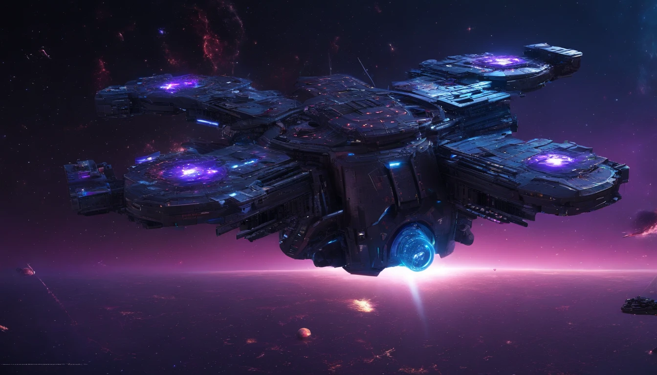 stars, space, nebula, open space, galaxy, blue and purple tones, space opera, greatness, eternity, calm, hyperrealism, spaceships. space battle, explosions, fighter, bombers, lasers, battleships, fire, space fleet, epic battle