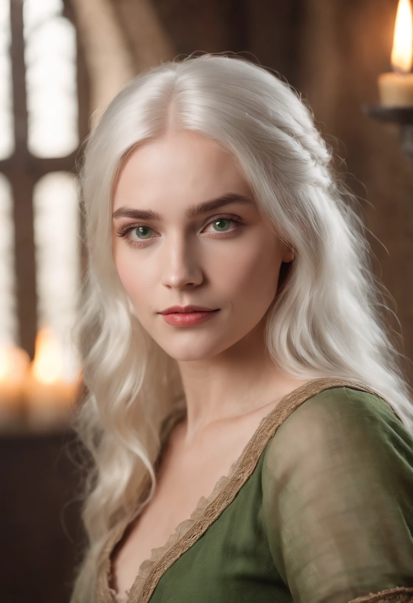light complexion, woman around 19 years old, natural white hair, striking green eyes, slim and graceful, beautiful, candlelight in a medieval setting, ultra-sharp focus, realistic shot, medieval skimpy women's clothing and kitchen apron, tetradic colors