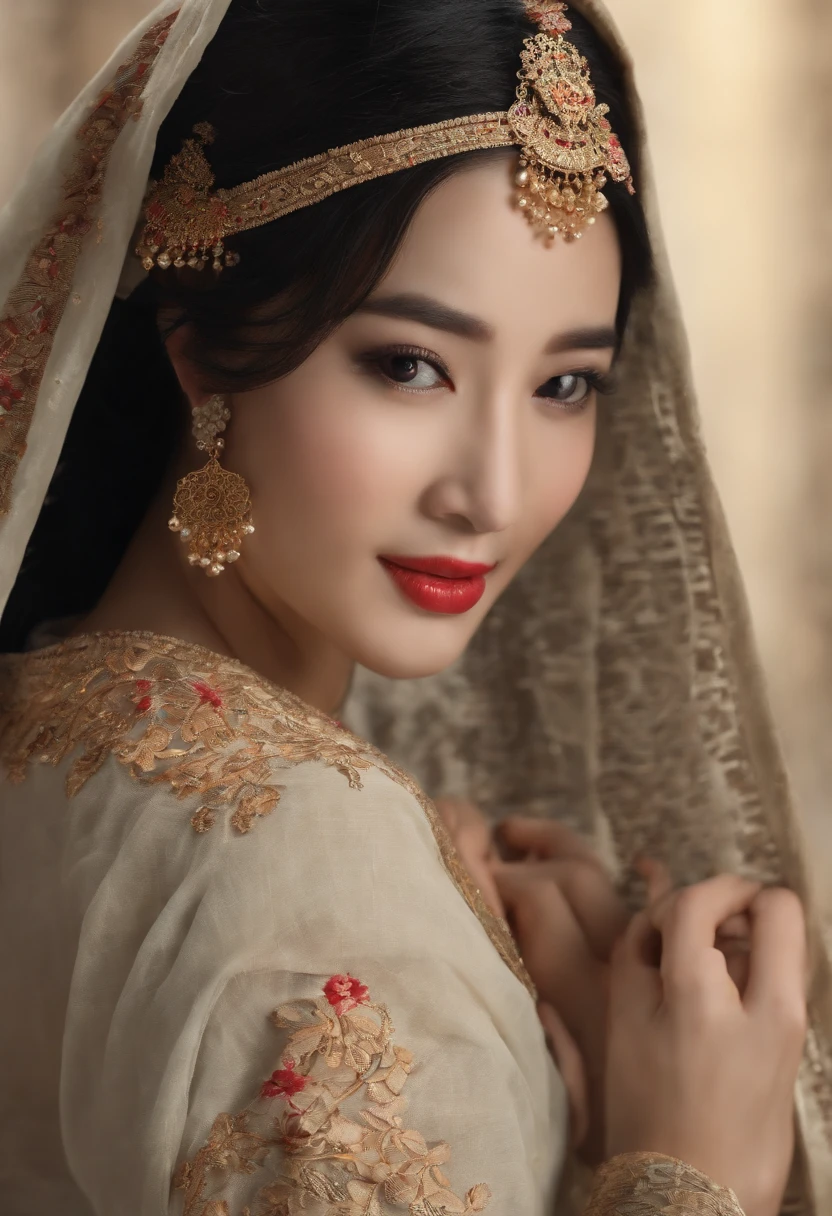 (best quality,ultra-detailed,realistic:1.37), Asian beauty, natural smile, beautiful silhouette of a woman, hands at work, back view, full-body shot, traditional outfit, long black hair, delicate facial features, flawless complexion, graceful posture, soft lighting, vibrant colors, intricate background details, traditional Asian art style