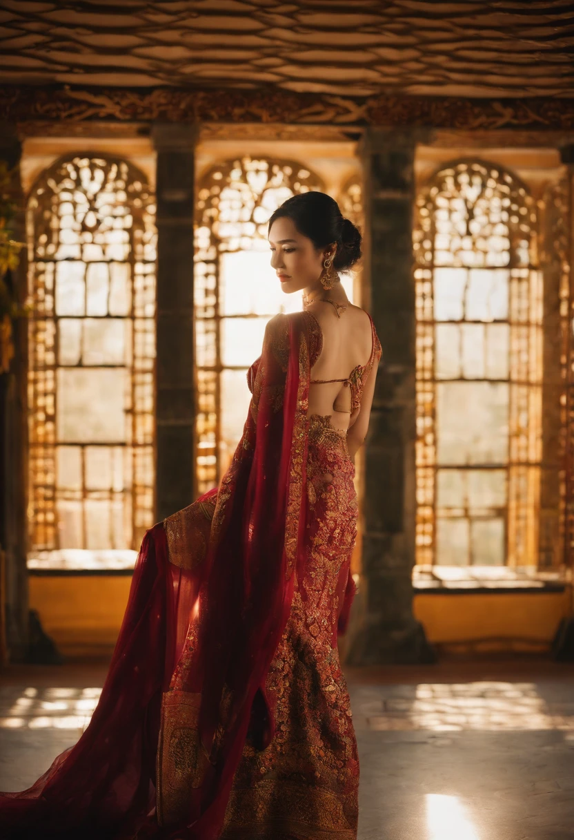 (best quality,ultra-detailed,realistic:1.37), Asian beauty, natural smile, beautiful silhouette of a woman, hands at work, back view, full-body shot, traditional outfit, long black hair, delicate facial features, flawless complexion, graceful posture, soft lighting, vibrant colors, intricate background details, traditional Asian art style