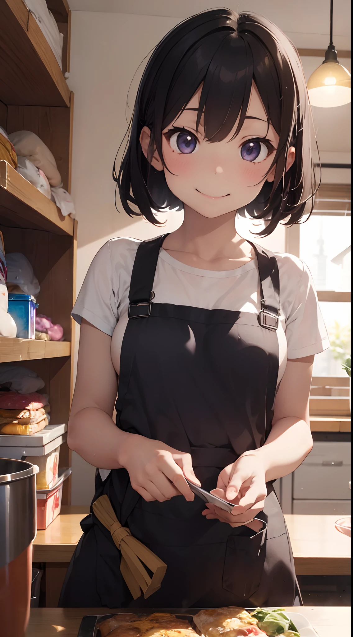 1girl in、ddlers,a smile、Cooking in your room、barechested、Wearing only an apron、((small tits))、