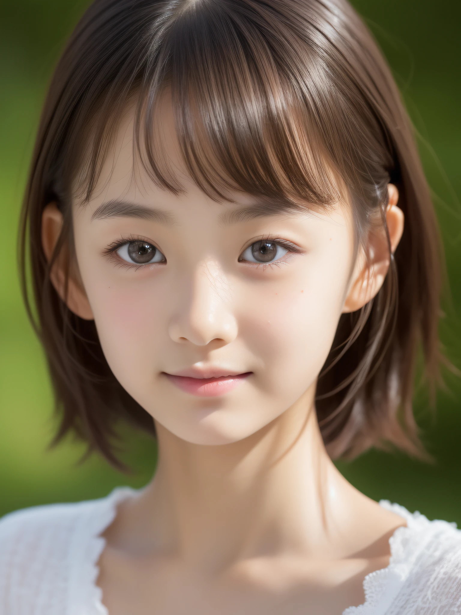((Detailed and realistic faces)), (10 years old), 1 person, girl, (Baby Face:1.2), (Very thin body:1.4), (Small breasts), Cliff background, (nude:1.1), Short back hair, short hair, (Brown Hair), (smile), ((No makeup)), stand
