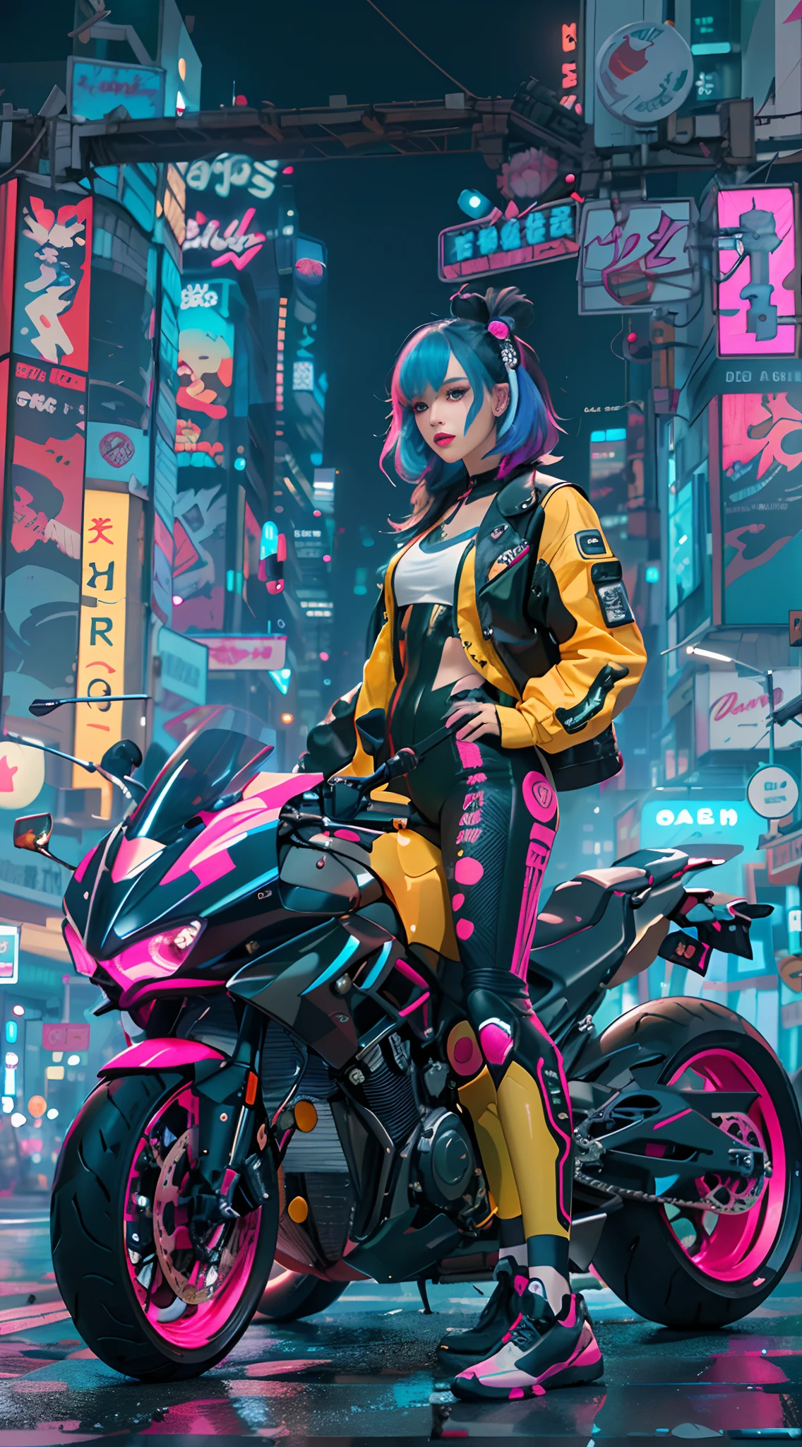 masutepiece, Best Quality, Confident cyberpunk girl, Full body shot, ((Stand in front of the motorcycle)), Pop costumes inspired by Harajuku, Bold colors and patterns, Eye-catching accessories, Trendy and innovative hairstyles, Bright makeup, Cyberpunk dazzling cityscape, Skyscrapers, neon signs, led lights, Bright and vivid color scheme, Anime, Illustration, Detailed skin texture, Detailed Cloth Texture, beautifull detailed face, Intricate details, ultra-detailliert.