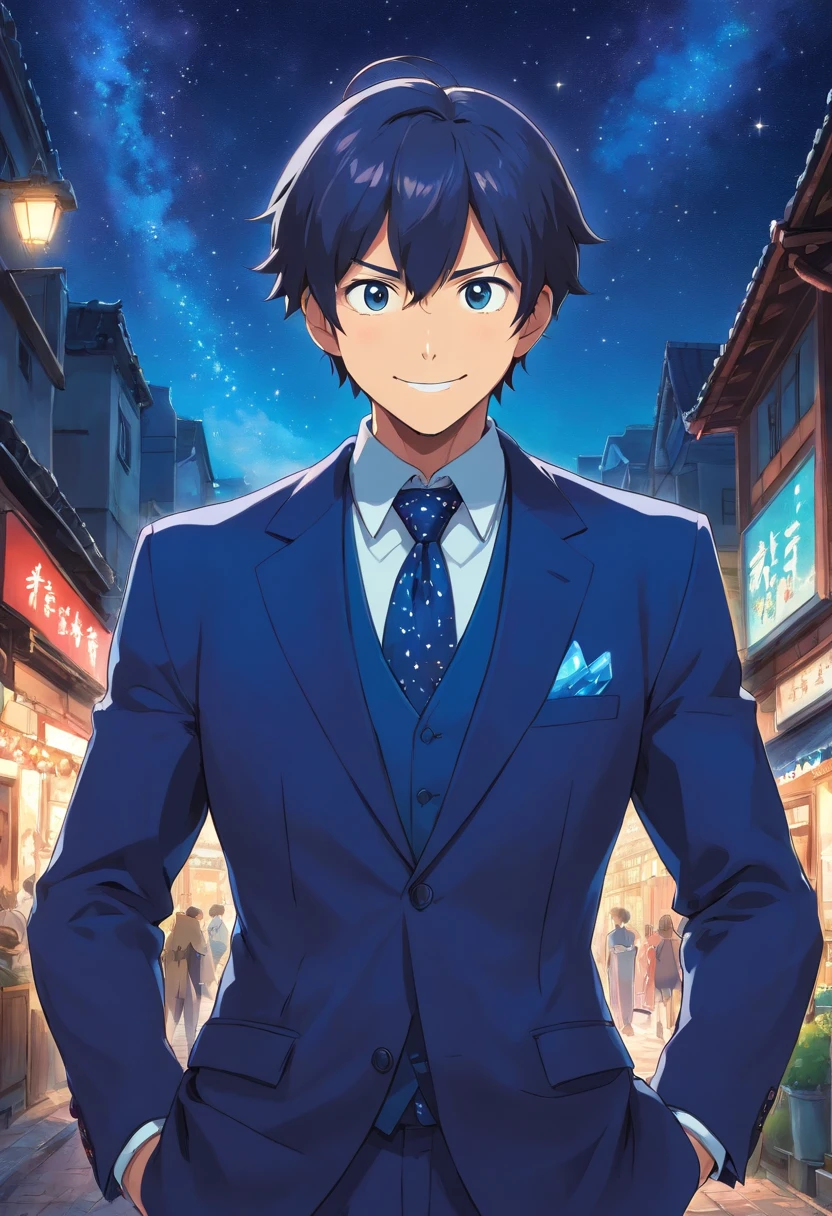 (Front view:1.4),a beard,Groomed beard,45 yers old,Dandyman,Composition of the upper body,Makoto Shinkai's painting style,japanes,(A smile:1.3),Ridicule,A tall man,a beard, Delicate facial features like an actor,(short-haired:1.4),True black hair, (Dark blue suit:1.5)、Dark blue tie,Intense muscles, eyes are brown, Starry sky background in the night sky