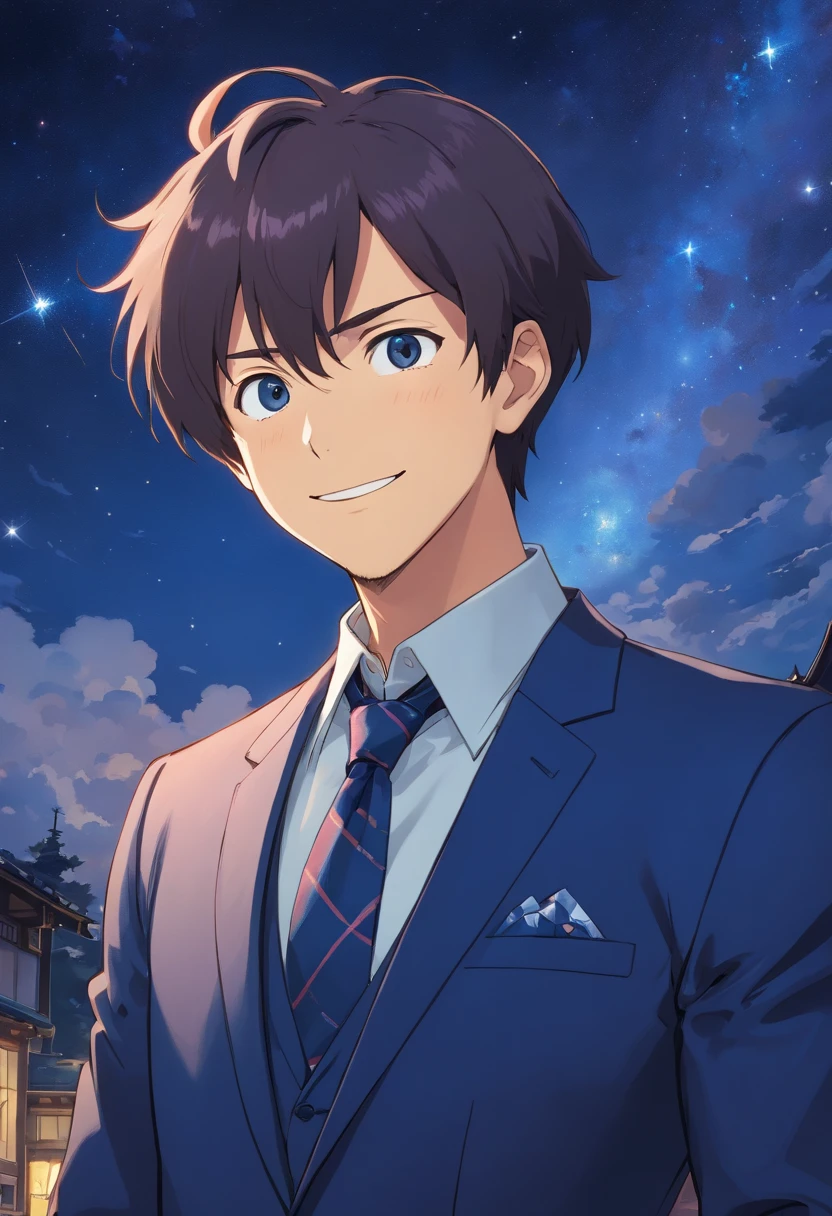 (Front view:1.4),a beard,Groomed beard,45 yers old,Dandyman,Composition of the upper body,Makoto Shinkai's painting style,japanes,(A smile:1.3),Ridicule,A tall man,a beard, Delicate facial features like an actor,(short-haired:1.4),True black hair, (Dark blue suit:1.5)、Dark blue tie,Intense muscles, eyes are brown, Starry sky background in the night sky