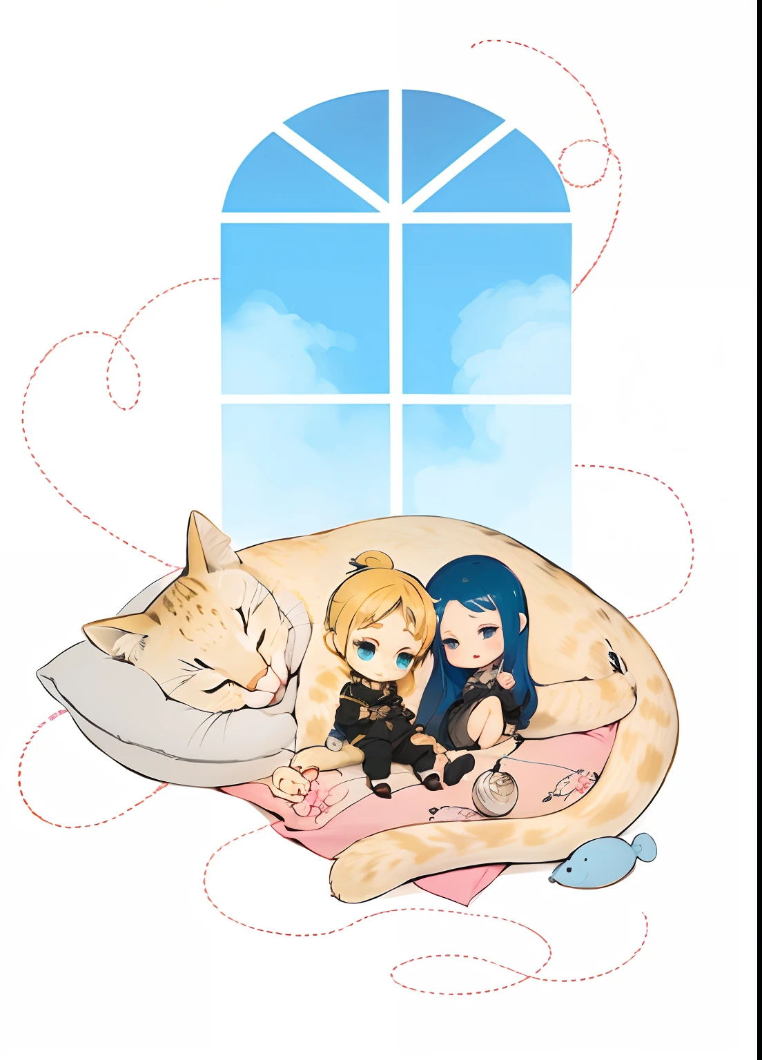 Bright colors, beautiful style, high-quality illustrations, big cat, with 2 chibi