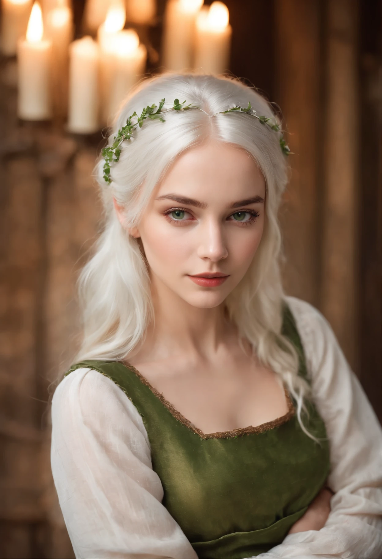 light complexion, woman around 19 years old, natural white hair, striking green eyes, slim and graceful, beautiful, candlelight in a medieval setting, ultra-sharp focus, realistic shot, medieval skimpy women's clothing and kitchen apron, tetradic colors