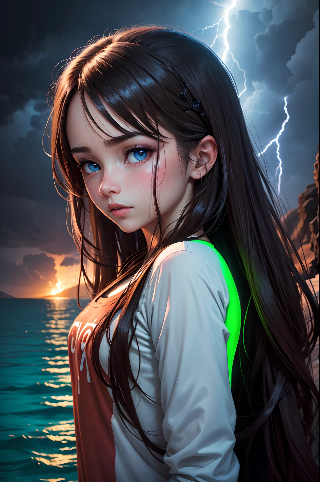 lava, swimmer, girl, long brown hair, blue eyes, thunderstorm, neon green,