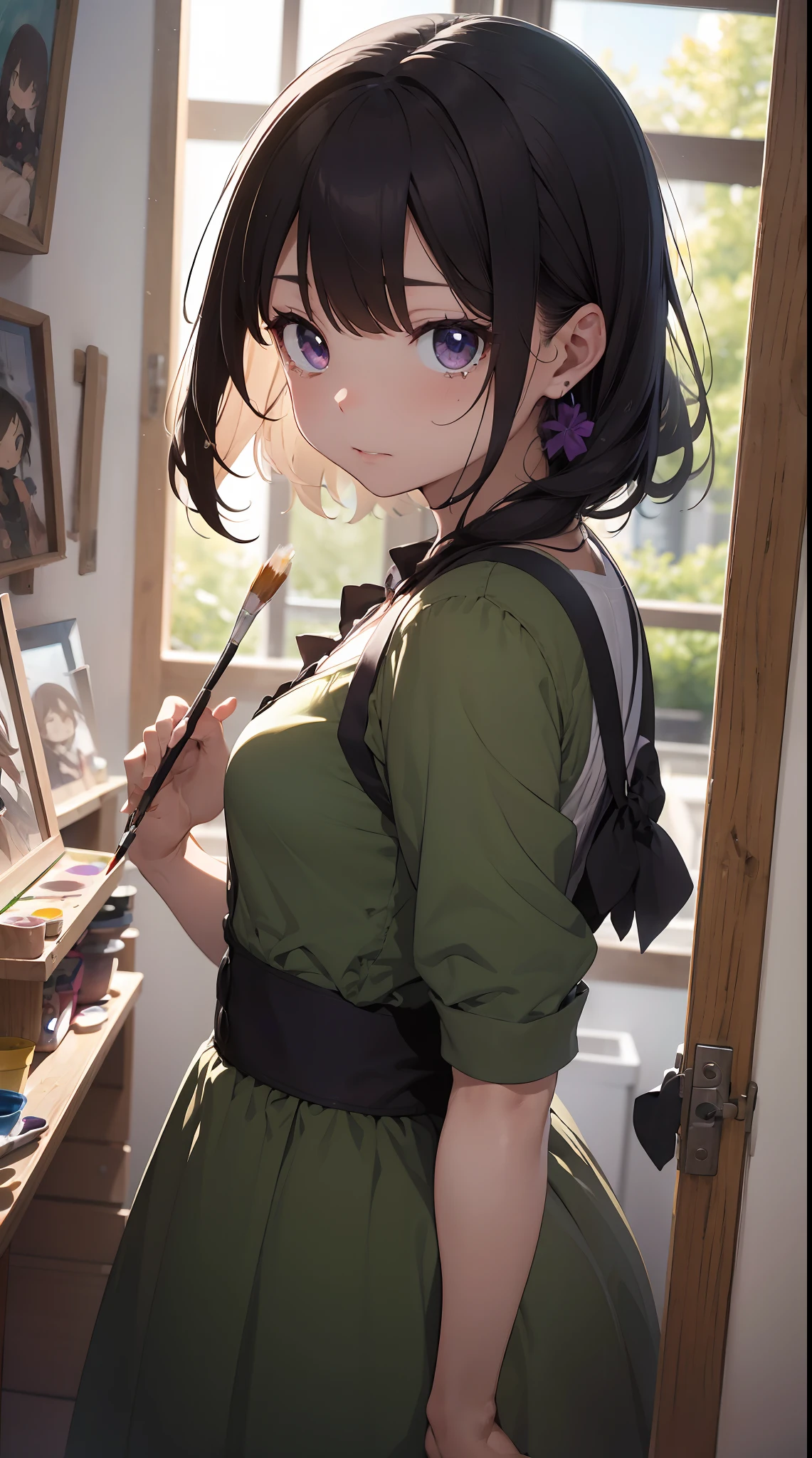 theme: art
person: a 18 year old girl、Medium hair(Hair color:reddish、Hair quality:Curly、hair adornments:bow ribbon)
expressioness:Moved and in tears
pupil:in green、Realistic and complex eyes
skin:olive
Dress:Purple velvet dress(frilld、With races、corsets)
Poses:Holding a paintbrush in his left hand、Put your right hand on your chest
focus: Focus on paintbrush and canvas
Effects: Spotlight hits paintbrush and canvas
style: Yoshitaka Amano
Special Effects:cuteness:1.4、Dynamism:1.2
background:
An art studio with meticulous details、Many painting tools and palettes
Has a three-dimensional perspective
High Quality、Inner peace