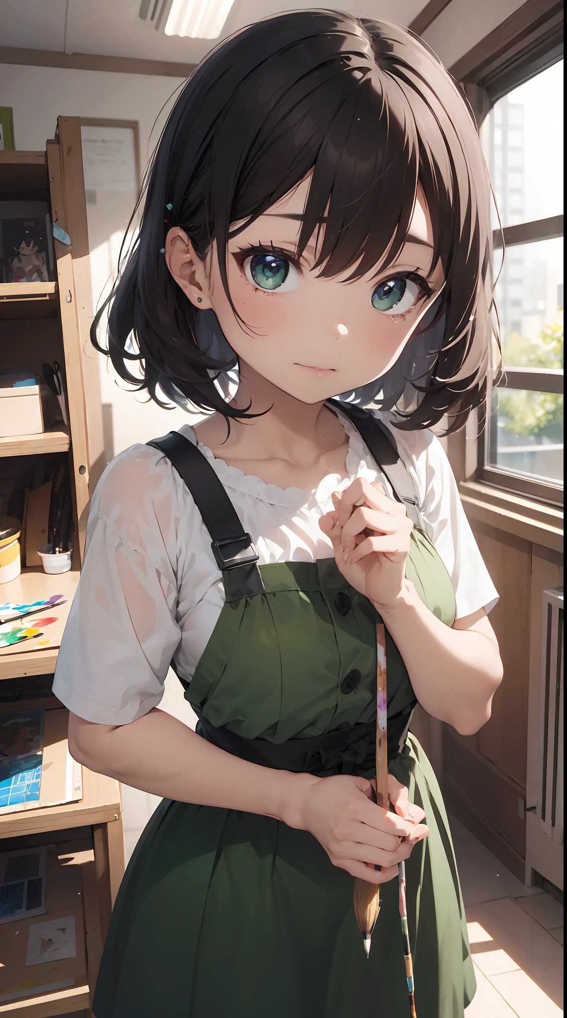 theme: art
person: a 18 year old girl、Medium hair(Hair color:reddish、Hair quality:Curly、hair adornments:bow ribbon)
expressioness:Moved and in tears
pupil:in green、Realistic and complex eyes
skin:olive
Dress:Purple velvet dress(frilld、With races、corsets)
Poses:Holding a paintbrush in his left hand、Put your right hand on your chest
focus: Focus on paintbrush and canvas
Effects: Spotlight hits paintbrush and canvas
style: Yoshitaka Amano
Special Effects:cuteness:1.4、Dynamism:1.2
background:
An art studio with meticulous details、Many painting tools and palettes
Has a three-dimensional perspective
High Quality、Inner peace