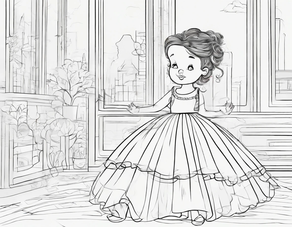 girl with multiple poses and expressions, white background simple children's book illustration style, cute, 4 , curly black hair, fair skin with a white ballerina dress coloring page