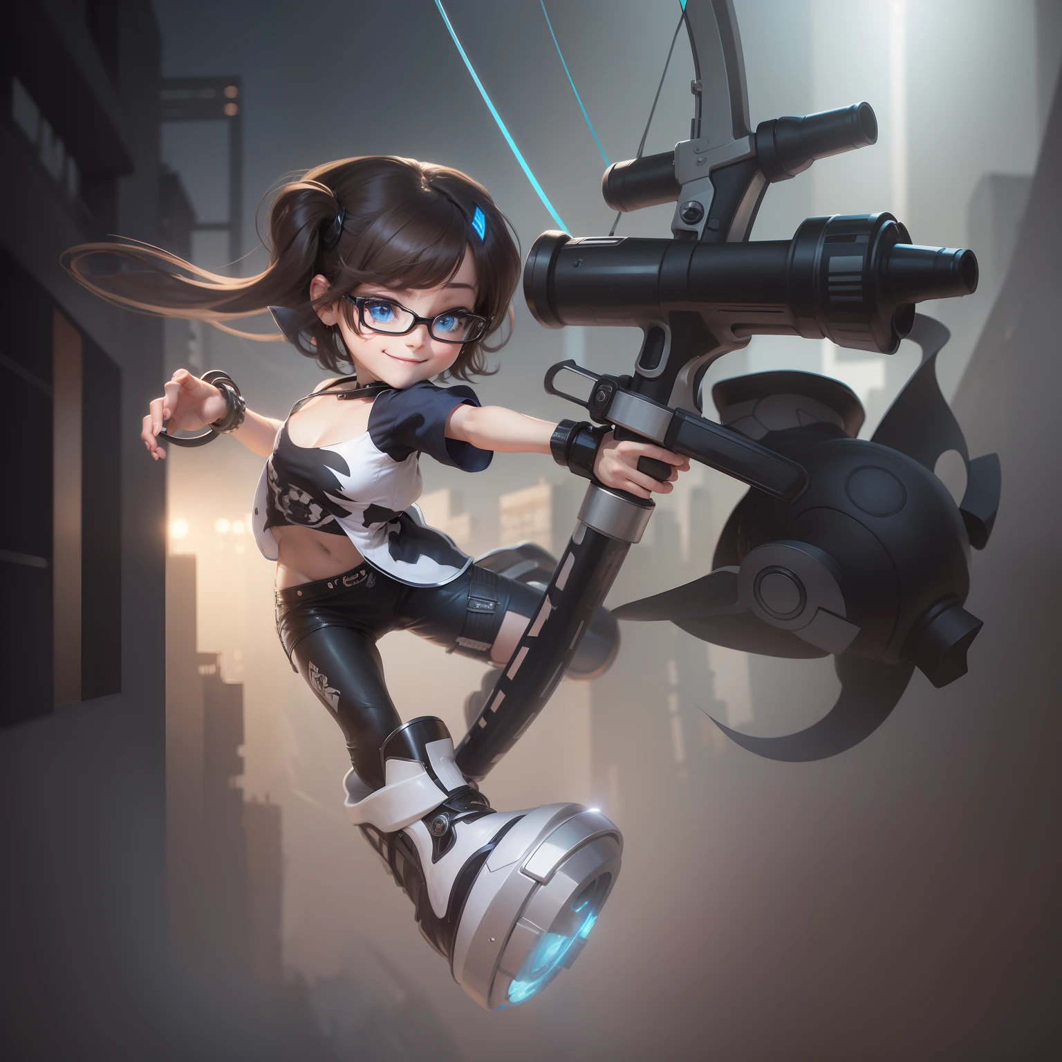 masutepiece, Best Quality, Ultra-detailed),(1girl in), Blue eyes, Short hair, brunette, Dynamic Angle, Dynamic Pose, Natural lighting, floating, (Color Top:1.2|Black top), (Tight skirt:1.2|Leather pants:0.9), (Silver bracelet:1.2|Watch), (Natural background:0.8| Cityscape), (Smiling:0.8| Serious expression), (Light in the hair), Many drops of water:0.8