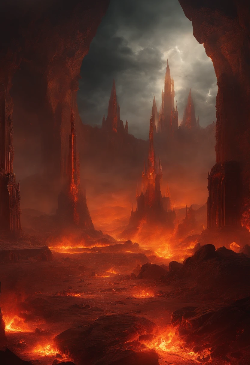 24k,ultra - detailed, Hellscape, The bottom of hell, the final battle in hell, apocalyptic landscape!!!!!, mustafar, Hellish ruins, ! apocalyptic landscape!!, Awesome D & D The Art of the Dark Sun, portal to hell, portal to hell, World of Warcraft art, rescue from the underworld!!!!!!