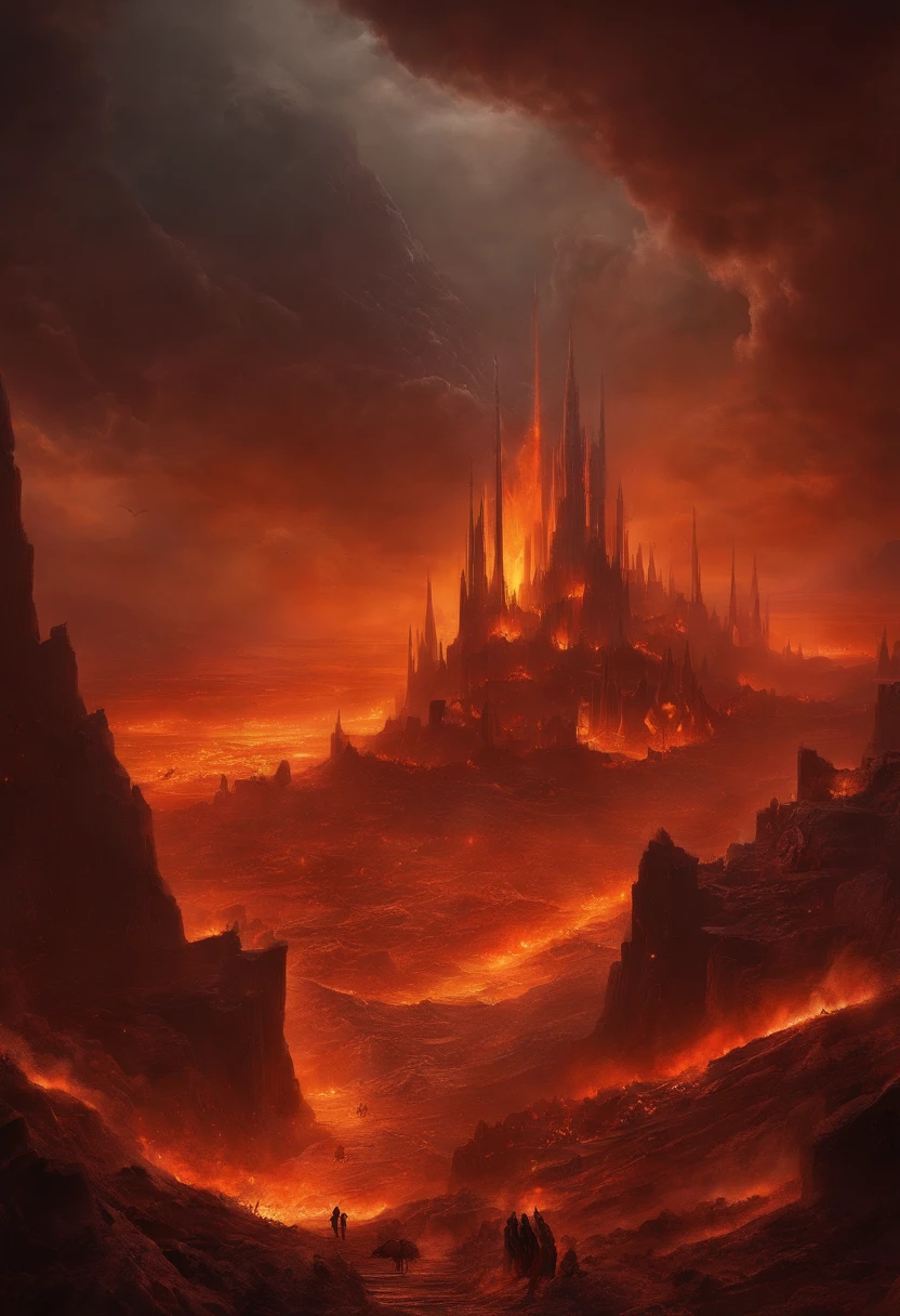 24k,ultra - detailed， Hellscape, The bottom of hell, the final battle in hell, apocalyptic landscape!!!!!, mustafar, Hellish ruins, ! apocalyptic landscape!!, Awesome D & D The Art of the Dark Sun, portal to hell, portal to hell, World of Warcraft art, rescue from the underworld!!!!!!