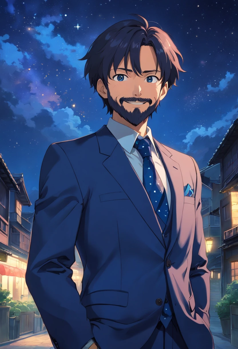 (Front view:1.4),a beard,Groomed beard,45 yers old,Dandyman,Strong looking man,Composition of the upper body,Makoto Shinkai's painting style,japanes,(A smile:1.3),Ridicule,A tall man,a beard, Delicate facial features like an actor,(short-haired:1.4),True black hair, Sports hairstyles,(Dark blue suit:1.5)、Dark blue tie,Intense muscles, eyes are brown, Starry sky background in night sky
