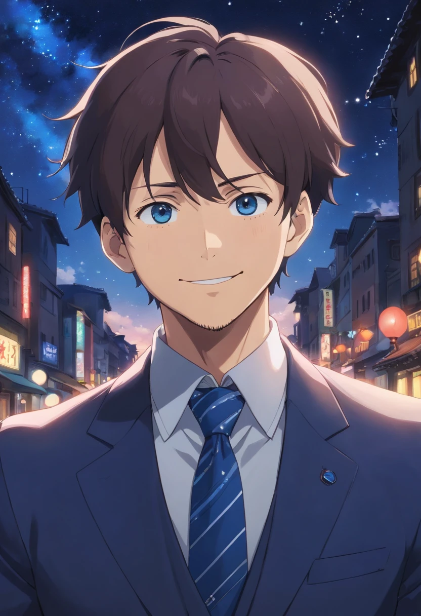 (Front view:1.4),a beard,Groomed beard,45 yers old,Dandyman,Strong looking man,Composition of the upper body,Makoto Shinkai's painting style,japanes,(A smile:1.3),Ridicule,A tall man,a beard, Delicate facial features like an actor,(short-haired:1.4),True black hair, Sports hairstyles,(Dark blue suit:1.5)、Dark blue tie,Intense muscles, eyes are brown, Starry sky background in night sky