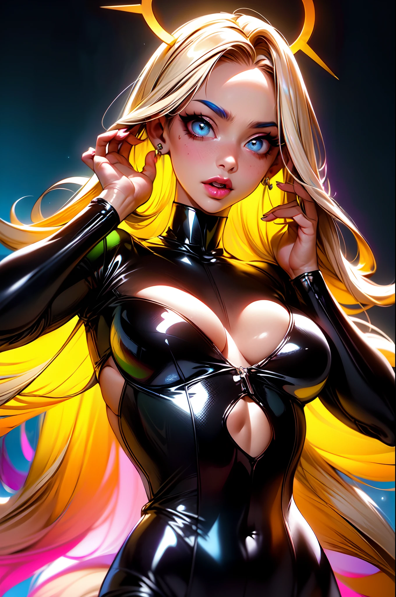 (Obra maestra:1.2), La mejor calidad, (illustration:1.2), (Ultra detallado), sexy, Enfoque ocular, (Resplandor magistralmente elaborado, Destello de lente rosa), (cinematic background), hiper detalles, (Detalle delicado) , (Detalles intrincados), Renderizado de octanaje, HDR, (hiper detallado:1.15), (Luz suave:1.2), 1girl, ,(cinematic masterpiece),(dynamic:1.2), tetas grandes, Estallidos de color absolutamente audaces, (Cinematic headlight),((caustic)), Dynamic Angle, Hermoso brillo detallado, ambient-occlusion, Luz ambiental, Reflejos trazados por rayos,((CinematicLight)), (Suave:1.8), (Nefilim:1.2), , , sexy, splendid, cuerpo perfecto, ojos sexys, boca sexy, Gotas de pintura arco iris, al aire libre, (cabello multicolor bioluminiscente:2),(ojos brillantes),(ojos sexys y boca sexy), ((maquillaje)) ,halo, cuernos de demonio, Ala de demonio, Alas en la espalda, medio demonio, Orejas de demonio, Alas negras, (Aura radiante), (Half Angel), (clavos largos de metal), sexy, seductor, Manos perfectamente dibujadas, 4 dedos, 1 pulgar, Forma realista de la mano