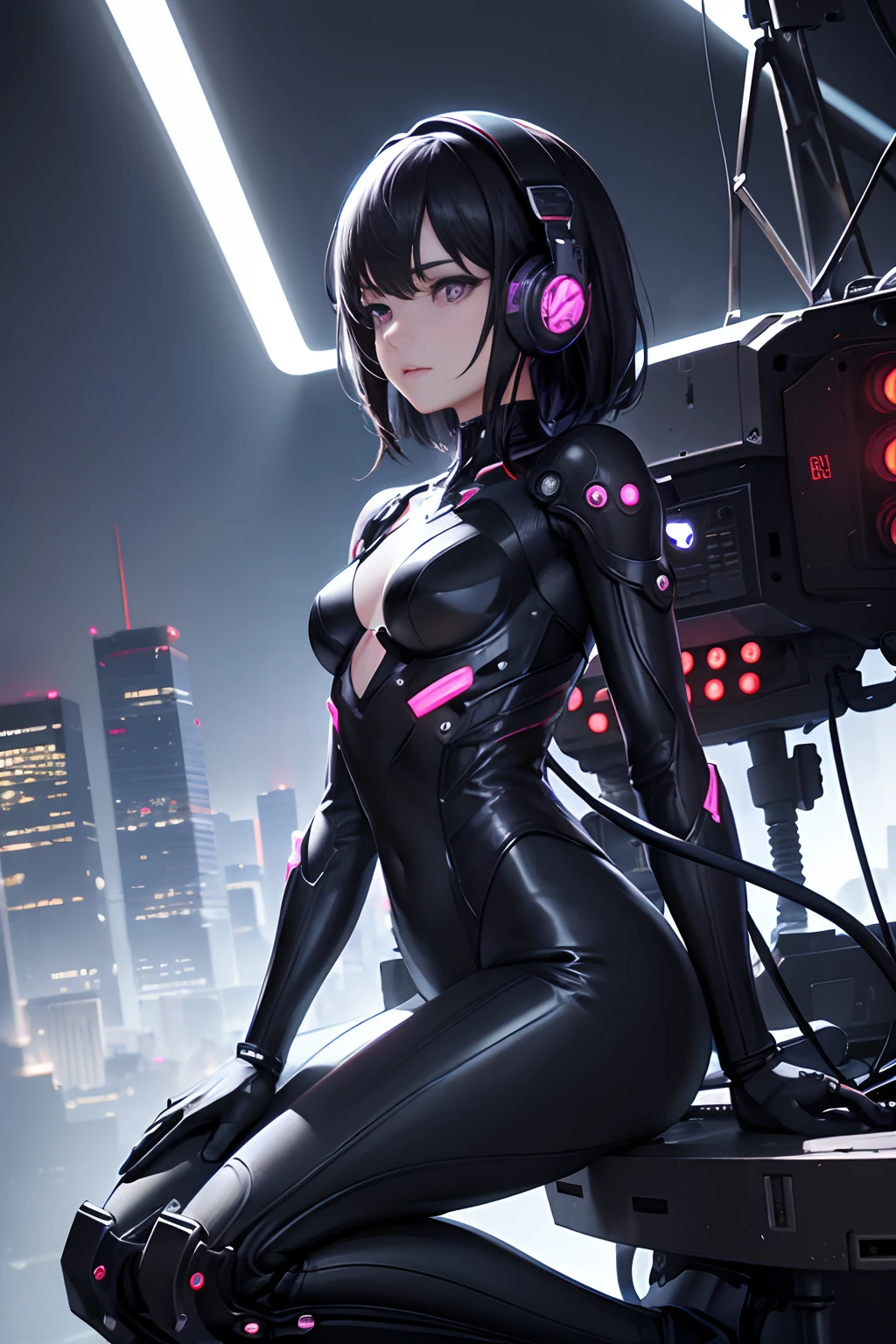 1 mechanical girl, solo person, full bodyesbian,Machine-made joints,Top quality, Masterpiece, 超高分辨率, (Photorealistic: 1.4), RAW photo, Black hair, Glossy glossy skin, (hyper realistic detailed)), Global illumination, Shadows, Octane rendering, 8K, ultrasharp, metal, Intricate Ornament Details, headset on head, Hydraulic cylinder, very complex details, Realistic light, CGSoation trend, Purple eyes, Glowing eyes, Facing the camera, neon light detail, Mechanical limbs, Blood vessels connected to the tube, Mechanical vertebrae attached to the back, mechanical cervical attachment to the neck, Sitting, wires and cables connecting to head, Evangelion, Cyberpunk, small led lights, The background is a futuristic skyscraper, Flying cars flying around, Mechanical airship science fiction,Metallic,sharp,Reflective,4K Ultra HD, 超高分辨率, (Photorealistic: 1.4), Best quality,Masterpiece,Utra dilution,(pastel colour:1.2)
