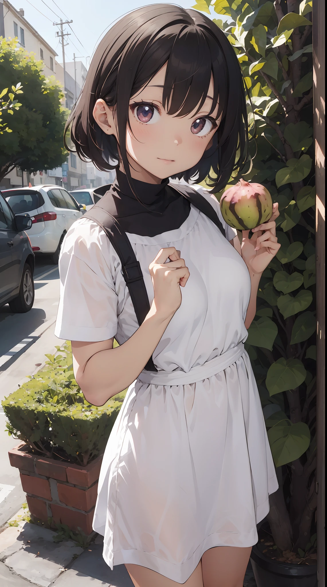 theme: Fig picking
person: 16yo girl、short-hair（Hair color：pink there、Hair quality：wave）
expressioness：surprise
pupil：gold、Realistic and complex eyes
skin：so-so
Dress：White dress（frilld、With races）
Poses：holding a fig in both hands
focus:Focus on figs
Effects:Light falls on figs
style: Ghibli style
Special Effects:cuteness：1.5
background:

Fig tree and fruit meticulously drawn in detail
Has a three-dimensional perspective
High Quality、Inner peace