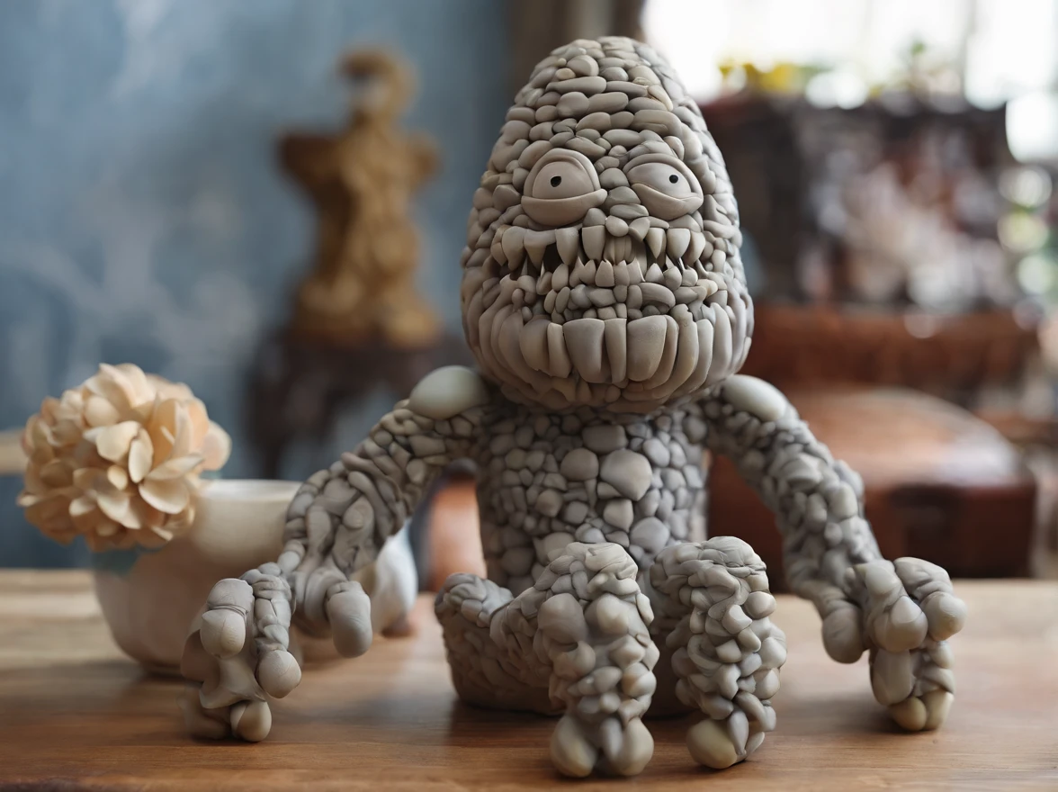 a stone monster, gigantic mouth, muscular long legs, (perfectly round), sphere body, (without arms), no arms, stone texture, detailed facial features, sharp teeth, intense gaze, eerie lighting, dark and moody colors, high-resolution artwork, photorealistic style