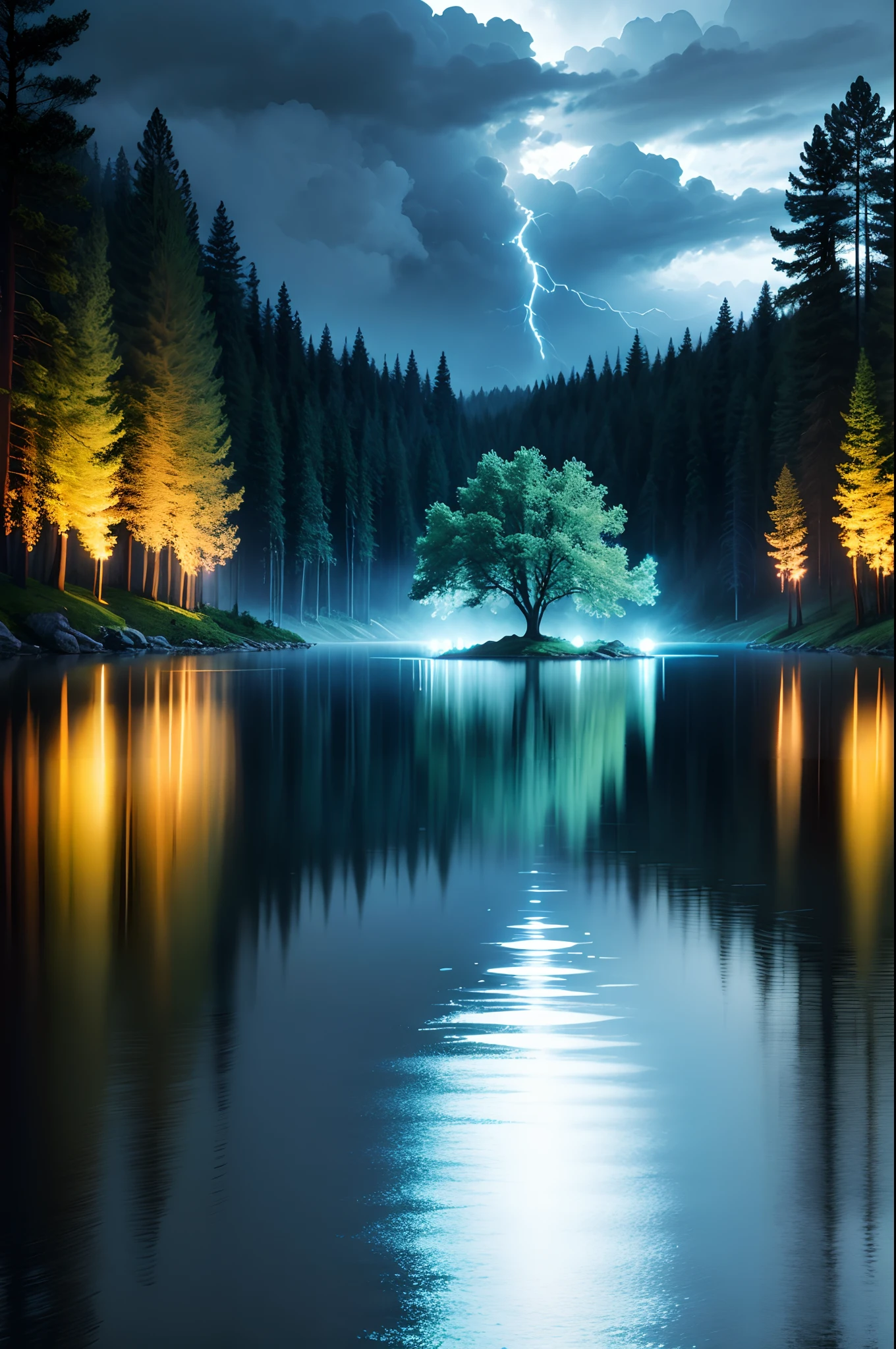 lake, trees, thunderstorm, neon blue, water ball,