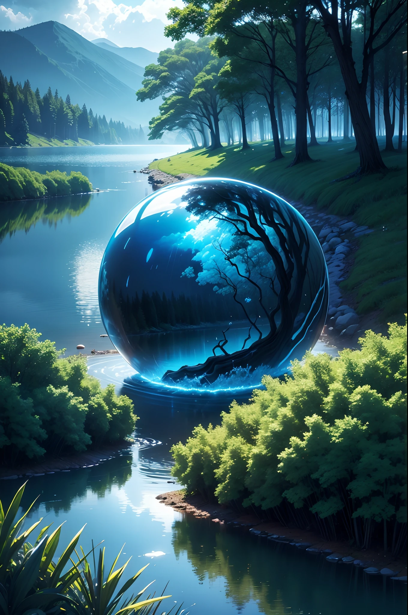 lake, trees, thunderstorm, neon blue, water ball,