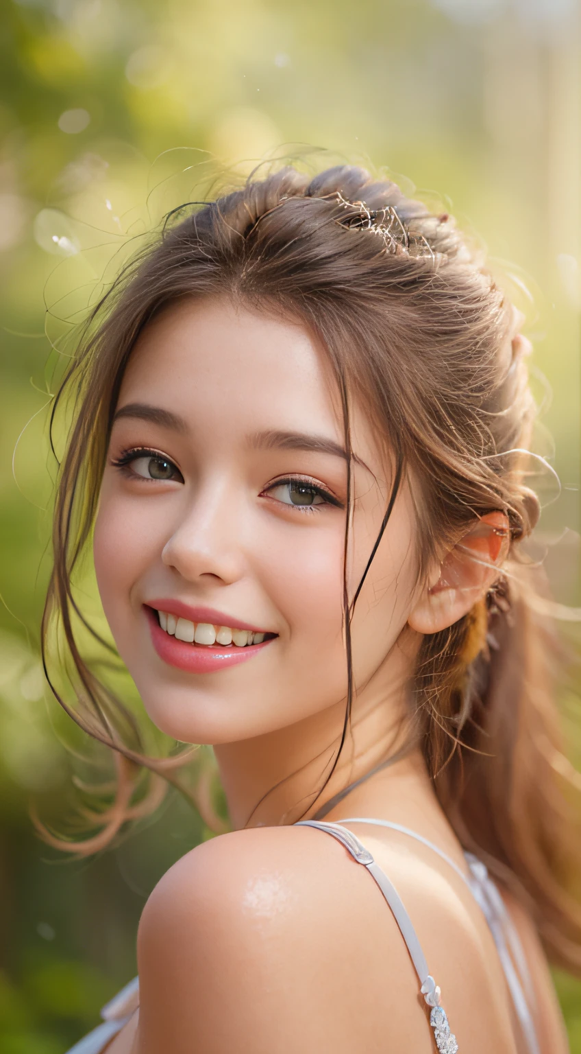 (best quality,realistic:1.37),1girl, 18 years old,beautiful detailed eyes,beautiful detailed lips,extremely detailed face,white skinned, happy face,long eyelashes,brown hair in a ponytail,light and delicate pink blush,looking directly at the viewer,sparkling eyes,happy smile,portrait style,soft lighting,natural background,France,Versailles garden,peaceful atmosphere,vibrant colors,medium format painting, happy smile, bikini, small beautiful breasts