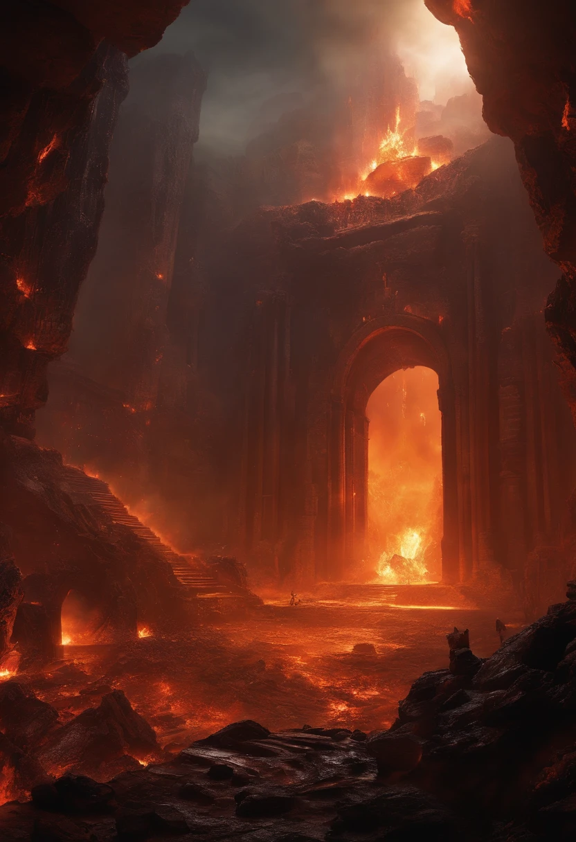 24k,ultra - detailed, futuristic, cyberpunk, future, Hellscape, The bottom of hell, the final battle in hell, apocalyptic landscape!!!!!, mustafar, Hellish ruins, ! apocalyptic landscape!!, Awesome D & D The Art of the Dark Sun, portal to hell, portal to hell, rescue from the underworld!!!!!!