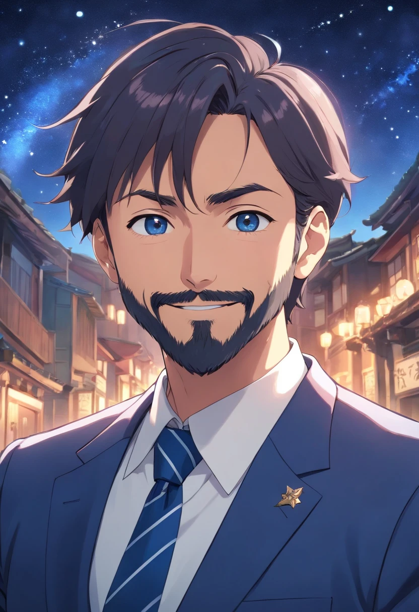 (Front view:1.4),a beard,Groomed beard,45 yers old,Dandyman,A man who looks strong,Composition of the upper body,Makoto Shinkai's painting style,japanes,(A smile:1.3),Ridicule,A tall man,a beard, Delicate facial features like an actor,(short-haired:1.4),True black hair, Sports Hairstyles,(Celebrity Suits:1.5)、Dark blue tie,Intense muscles, eyes are brown, Starry sky background in night sky