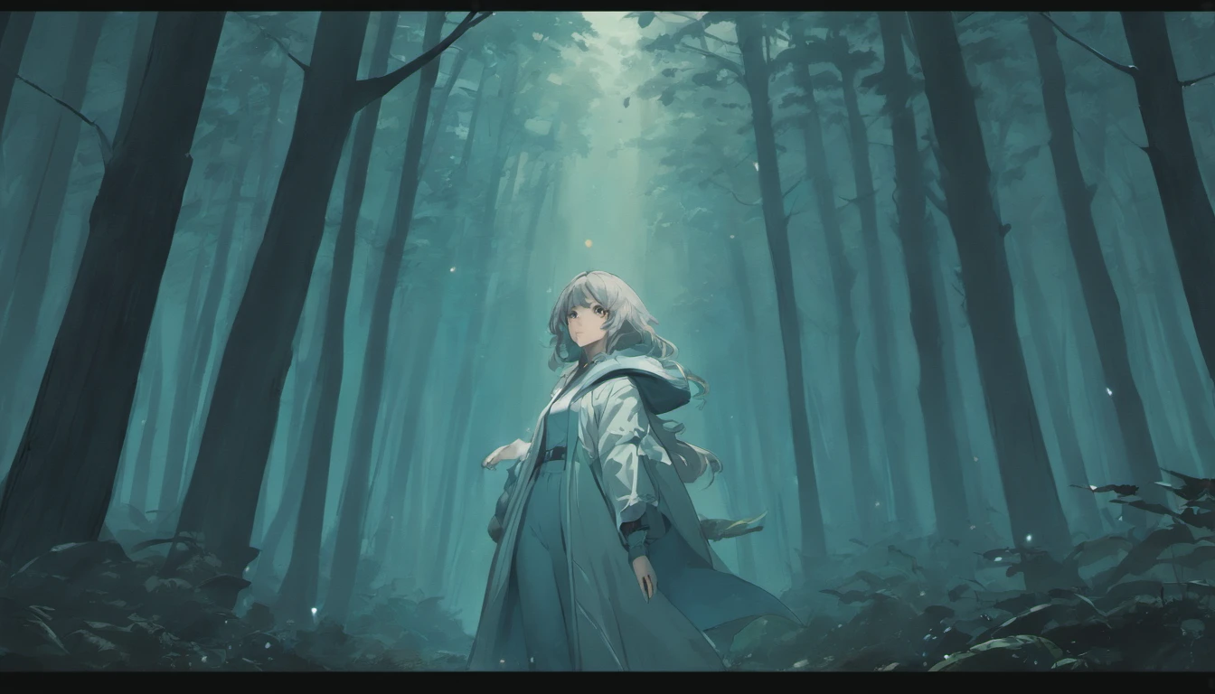 Beautiful girl in gray robe standing in dark forest, cropped shoulders,Flying hair,epic style, rendering by octane, desert composition, Beautiful face, Hyperrealistic, oil on the canvas, Award-winning, Masterpiece, trending on artstationh, by Ghibli Studio