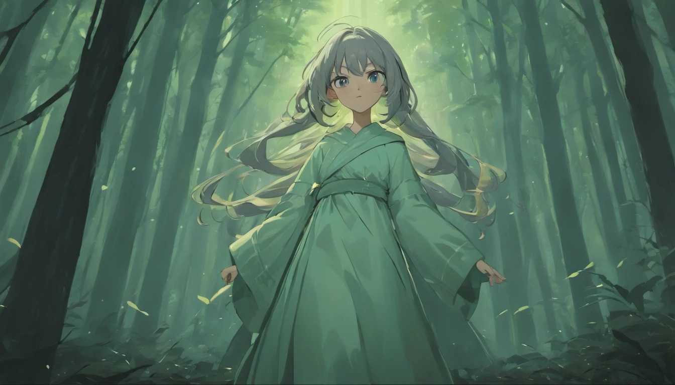 Beautiful girl in gray robe standing in dark forest, cropped shoulders,Flying hair,epic style, rendering by octane, desert composition, Beautiful face, Hyperrealistic, oil on the canvas, Award-winning, Masterpiece, trending on artstationh, by Ghibli Studio