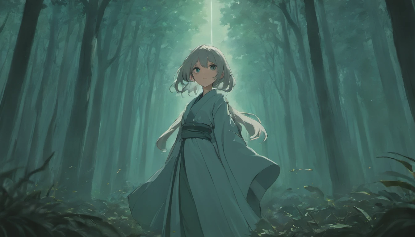 Beautiful girl in gray robe standing in dark forest, cropped shoulders，Flying hair，epic style, rendering by octane, desert composition, Beautiful face, Hyperrealistic, oil on the canvas, Award-winning, Masterpiece, trending on artstationh, by Ghibli Studio
